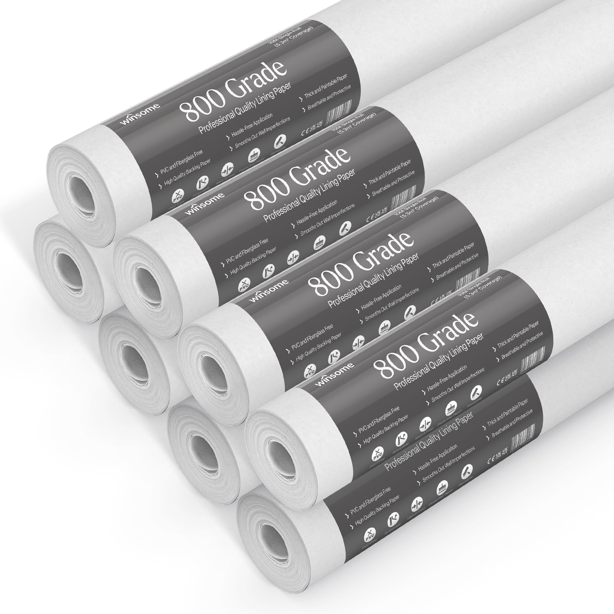 Winsome White 800 Grade Lining Paper For Walls - Thick Paintable Wallpaper Suitable For New& Damaged Walls For Paint -Single 10 Metre (Pack Of 8)