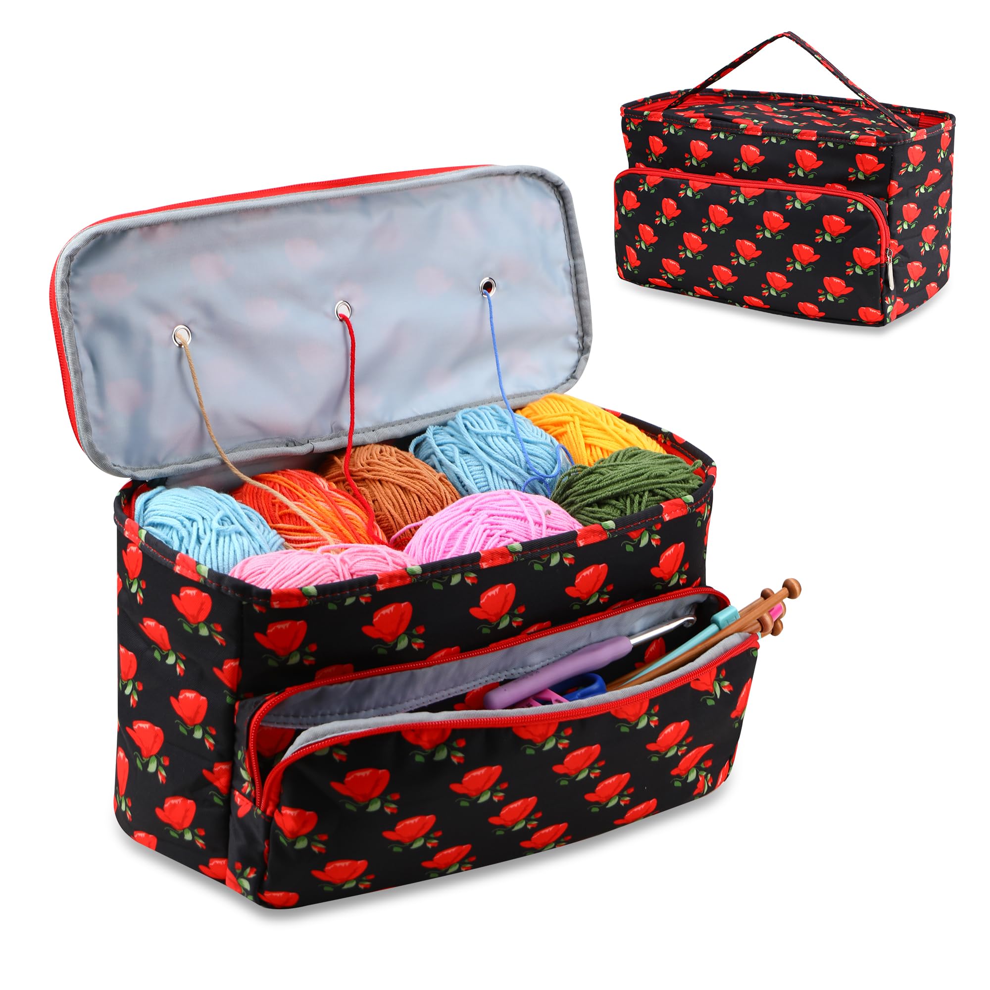 JOZEA Knitting Bags and Knitting Organizers-Wool Storage Organiser for Women, Crochet Gifts for Crochet Lovers, 3 Grommets Craft Bags with Compartments （Seductive Roses）