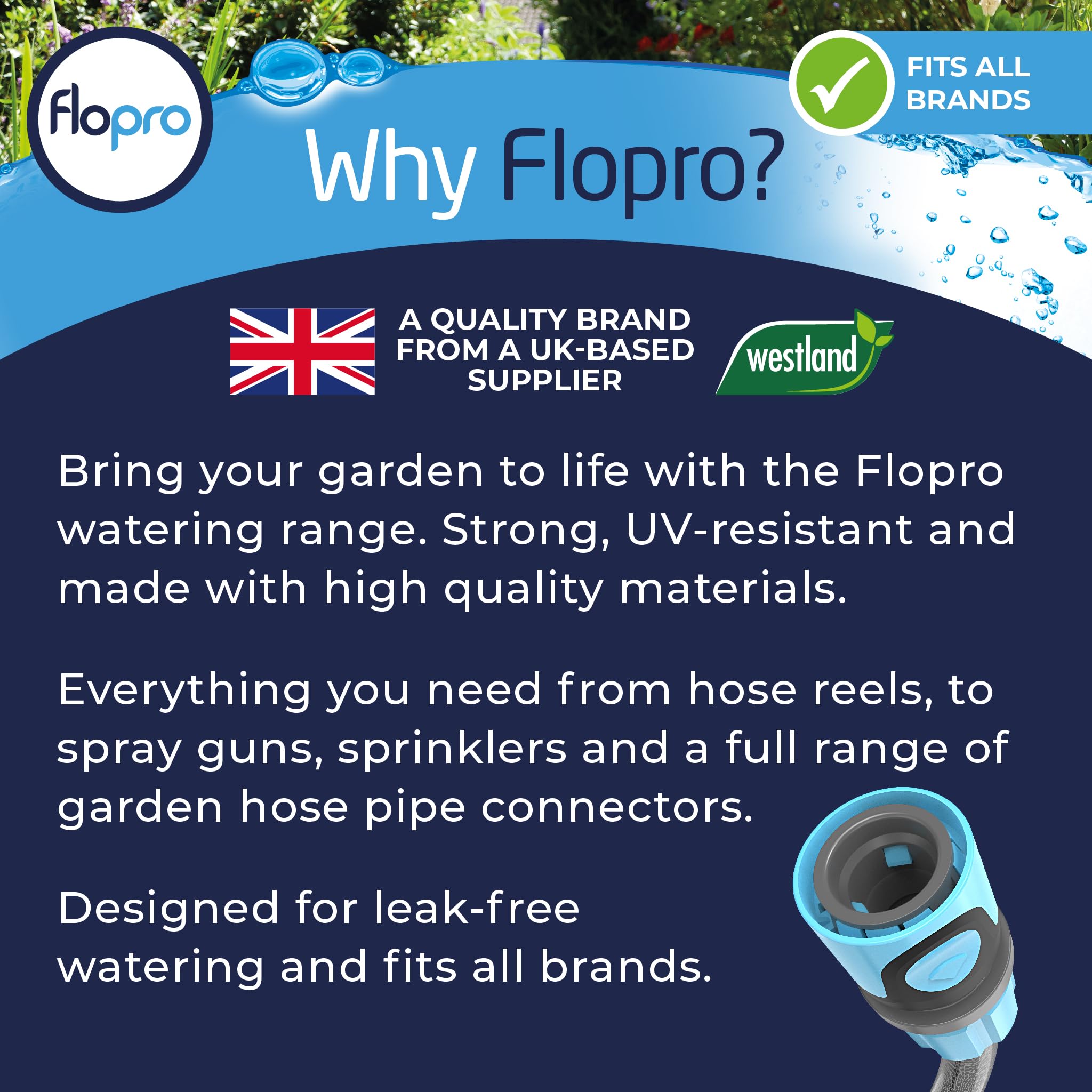 Flopro - Carro de manguera de metal resistente con ruedas de 50 m: marco fuerte para mayor estabilidad, mango ajustable y ruedas anchas. Completo con conectores de manguera SUPERGRIP y boquilla. Se
