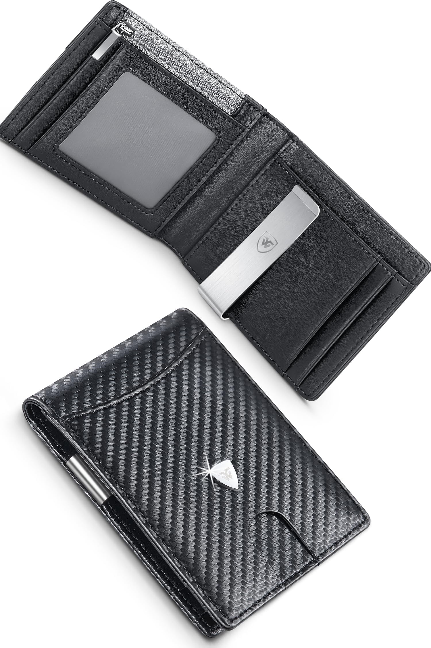 WONSEFOOWallet Mens, Leather Wallet, RFID Blocking Wallets for Men UK with Money Clip, Coin Pocket, Card Holders & ID Window. Slim Bi-fold Carbon Fibre Wallet with Gift Box - Black