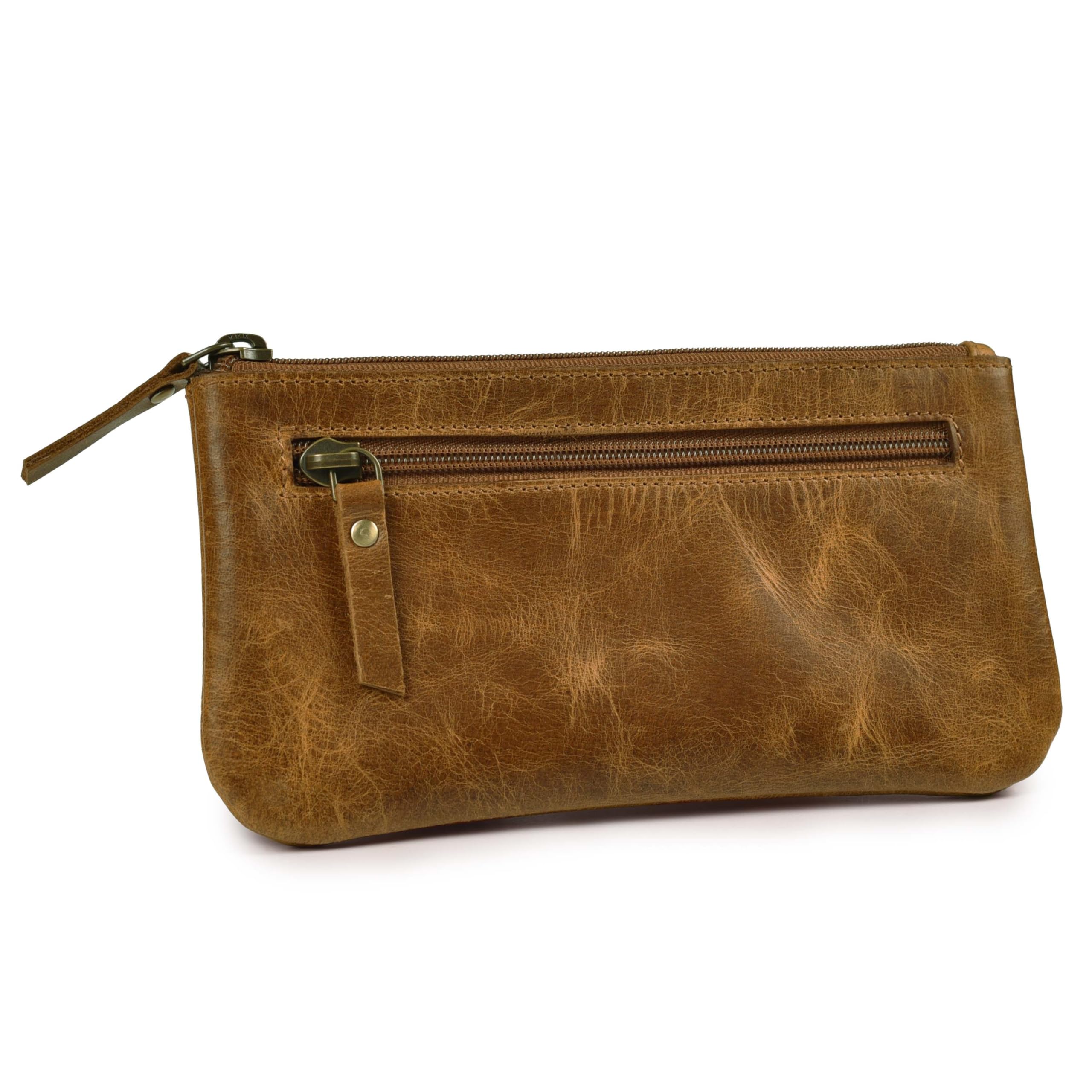 LEATHER VILLAGE Leather Pencil Pouch Pen Case, Tan Brown, 8"X4"- Double Pocket
