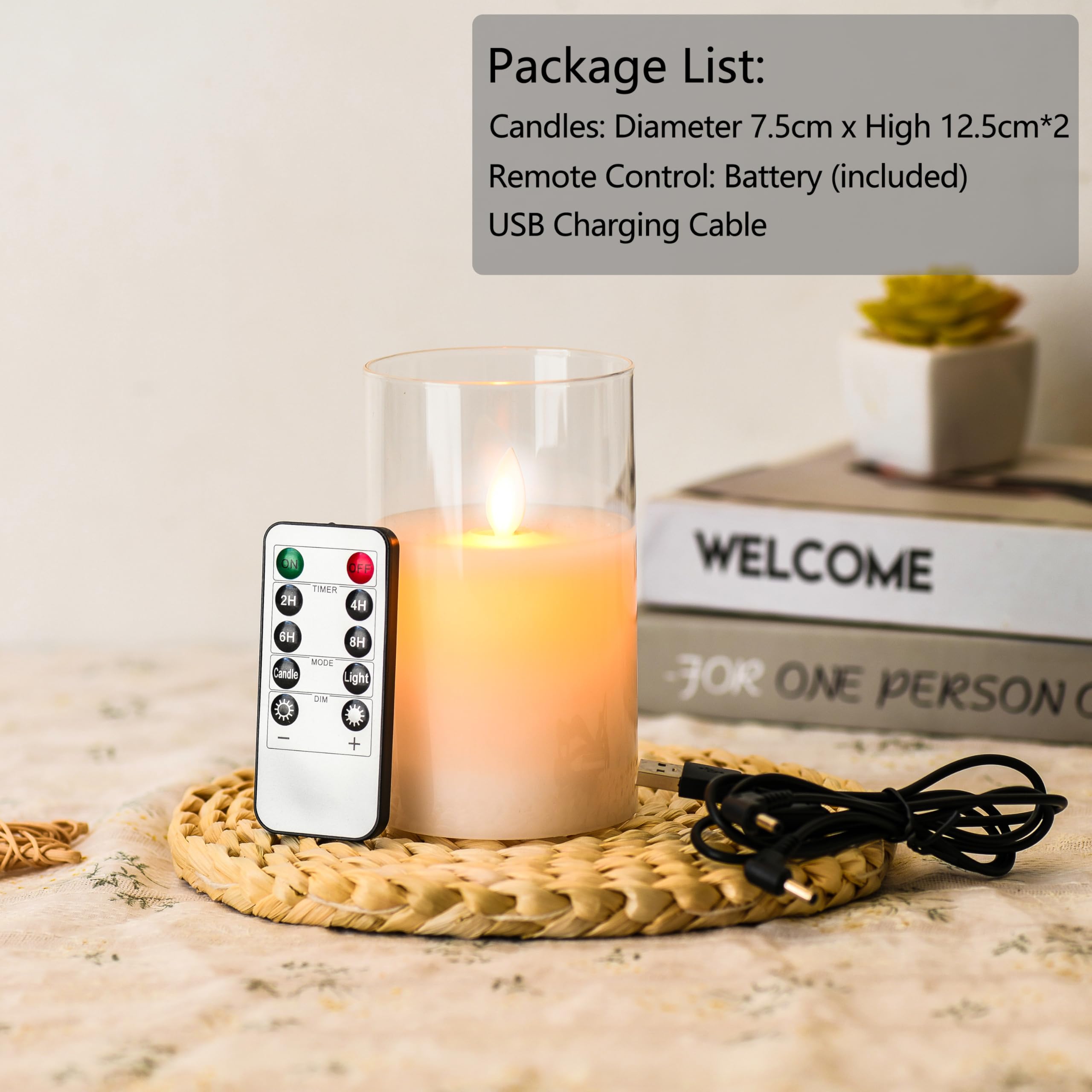 FiiMoo - Velas LED recargables, lote de 2, mando a distancia, vela USB, vacilante, decorativas para fiestas, cumpleaños, boda, 12,5 cm, cristal blanco