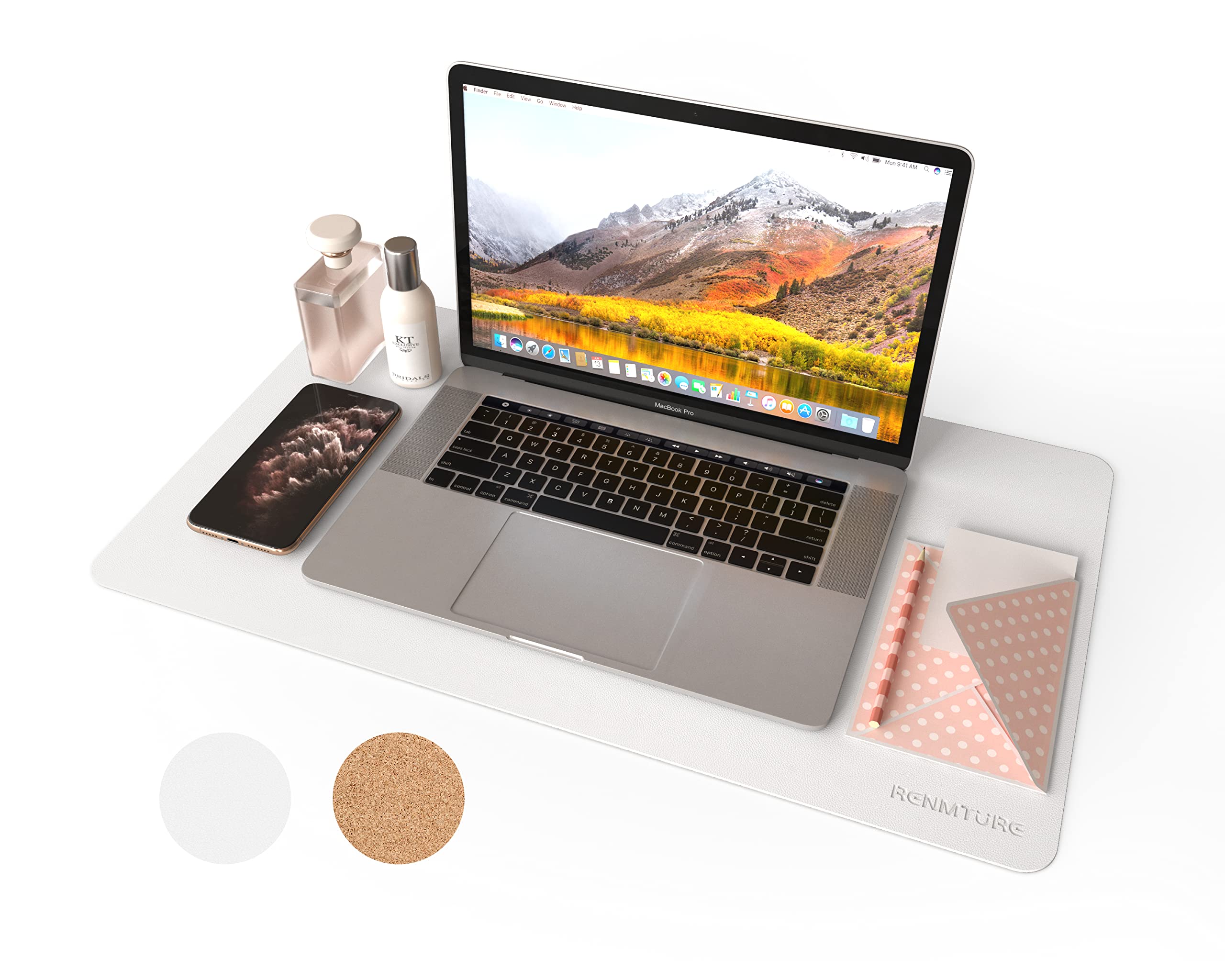 RENMTURE Dual-Sided Mouse Pad, Natural Cork & PU Leather Large Desk Pad for Office and Home Work, Desk Protector Non-Slip, Waterproof, Easy Clean (White, 23.6" x 13.7")