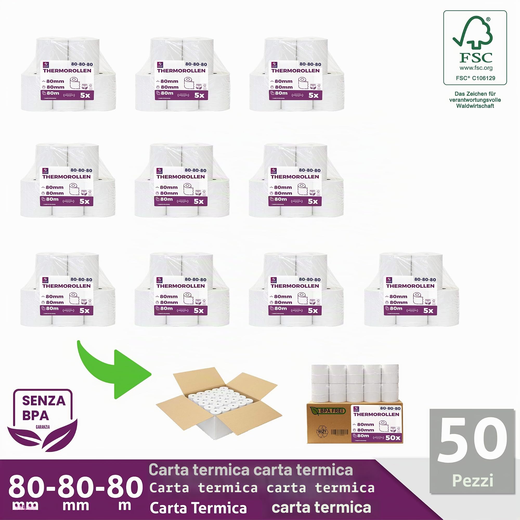 LYNNE - Rotoli Cassa 80x80 Termica Fiscale - Rotolini carta termica 80x80x12 - Rotolo per stampante registratore di cassa fiscale 80mm x 80m x 12mm - [50x]