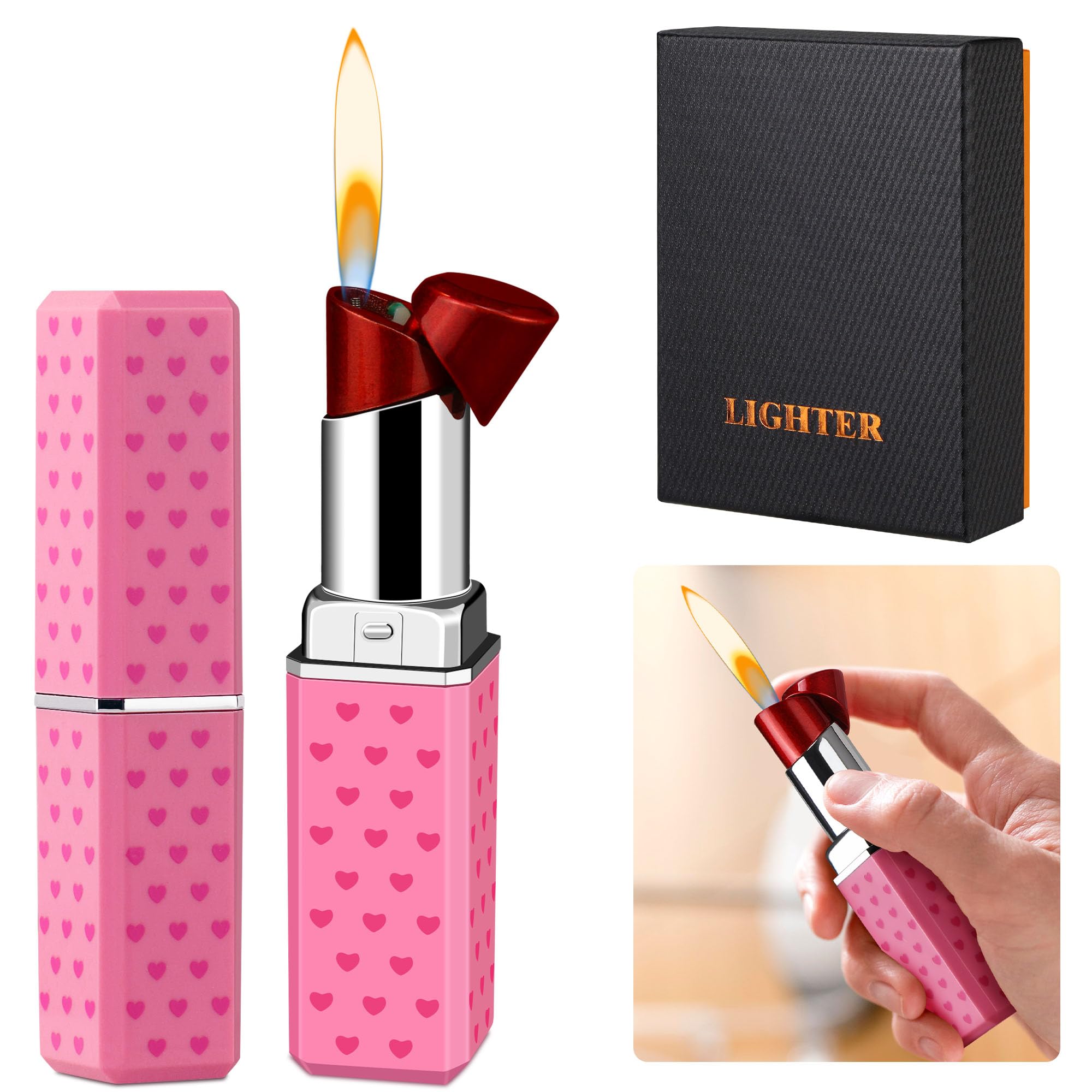 Cute Lipstick Lighter Soft Flame Refillable Butane Lighter Adjustable Pocket Lighter Delicate Gift for Girls Women Girlfriend on