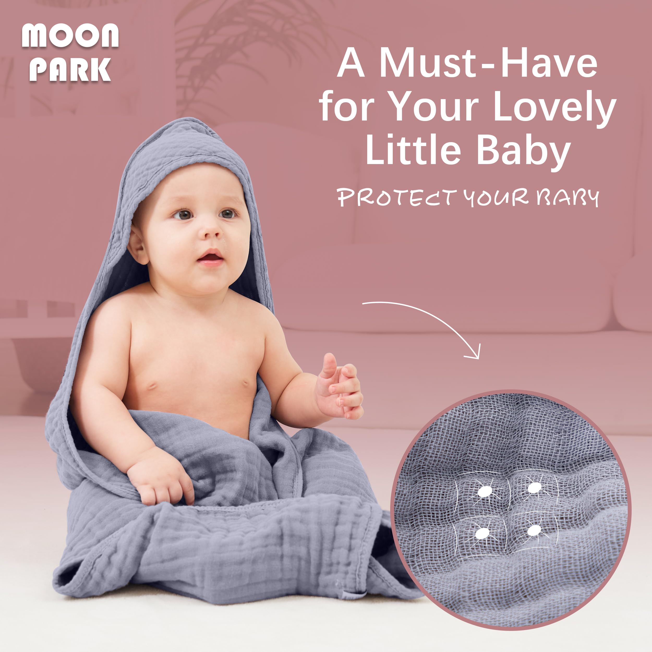 MOON PARK Paquete de 2 toallas de baño de muselina con capucha para recién nacidos, bebés y niños pequeños, 100 % algodón, tamaño grande de 32 x 32 pulgadas, altamente absorbentes y esenciales, color