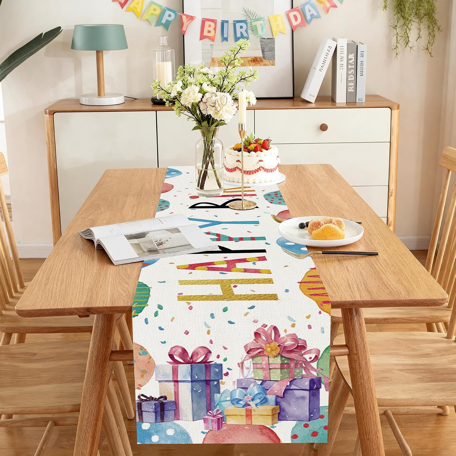 Baccessor Extra Long Happy Birthday Table Runner 13x108 Inch Colorful Balloon Gifts Confetti Runners for Birth Day Party Seasonal Holiday Home Kitchen Dinning Table Decor image 3
