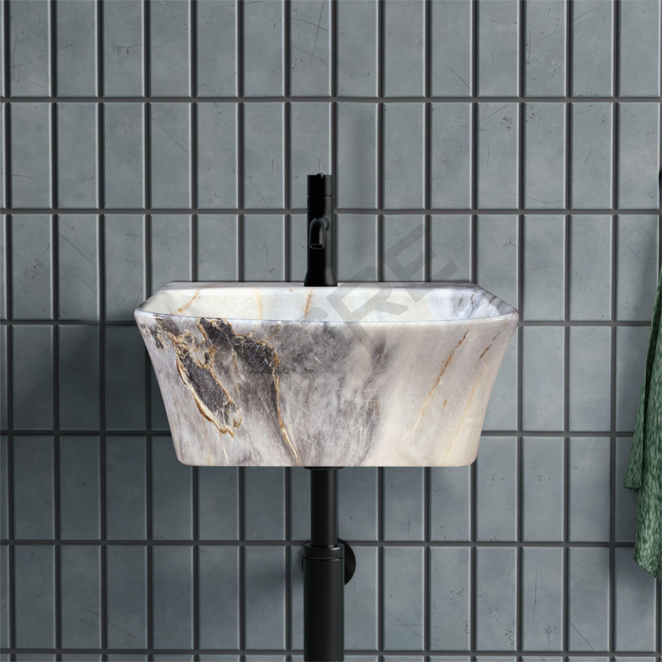 HISRE Wall Mount Wash Basin 13"x13"x5" | White with Blue and Golden Marble Finish Ceramic Sink | Modern Rectangular Bathroom Basin for Home, Office & Hotels, photo 3 of 5