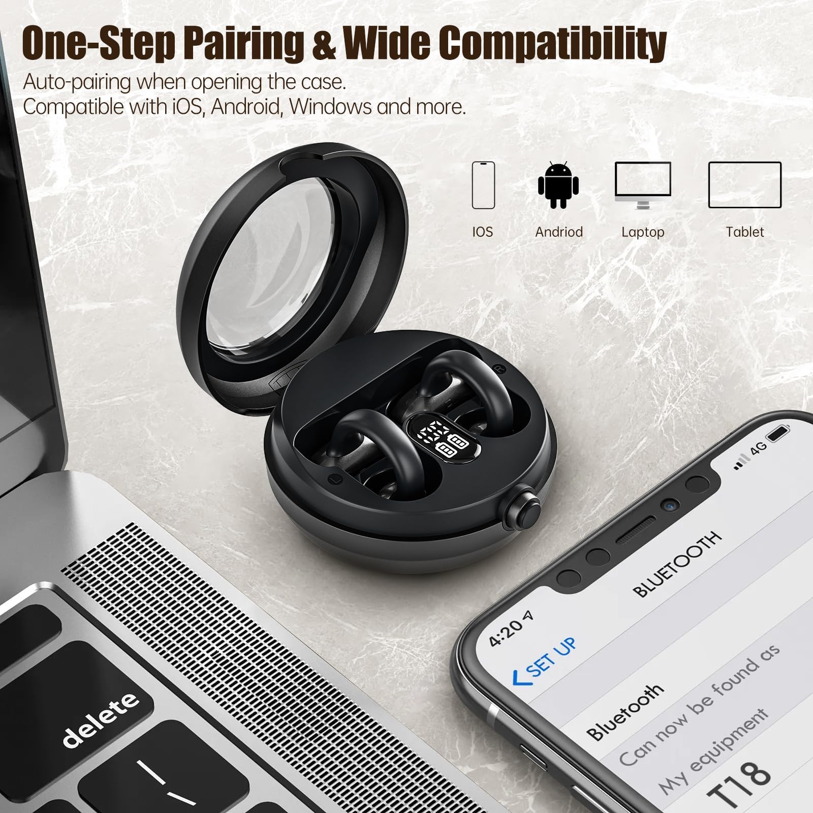 Cuffie aperte Bluetooth 5.4 con clip, auricolari stereo wireless 40 ore di riproduzione con display digitale LED, auricolari aperti leggeri ed eleganti per uso quotidiano, pendolarismo e viaggi relax