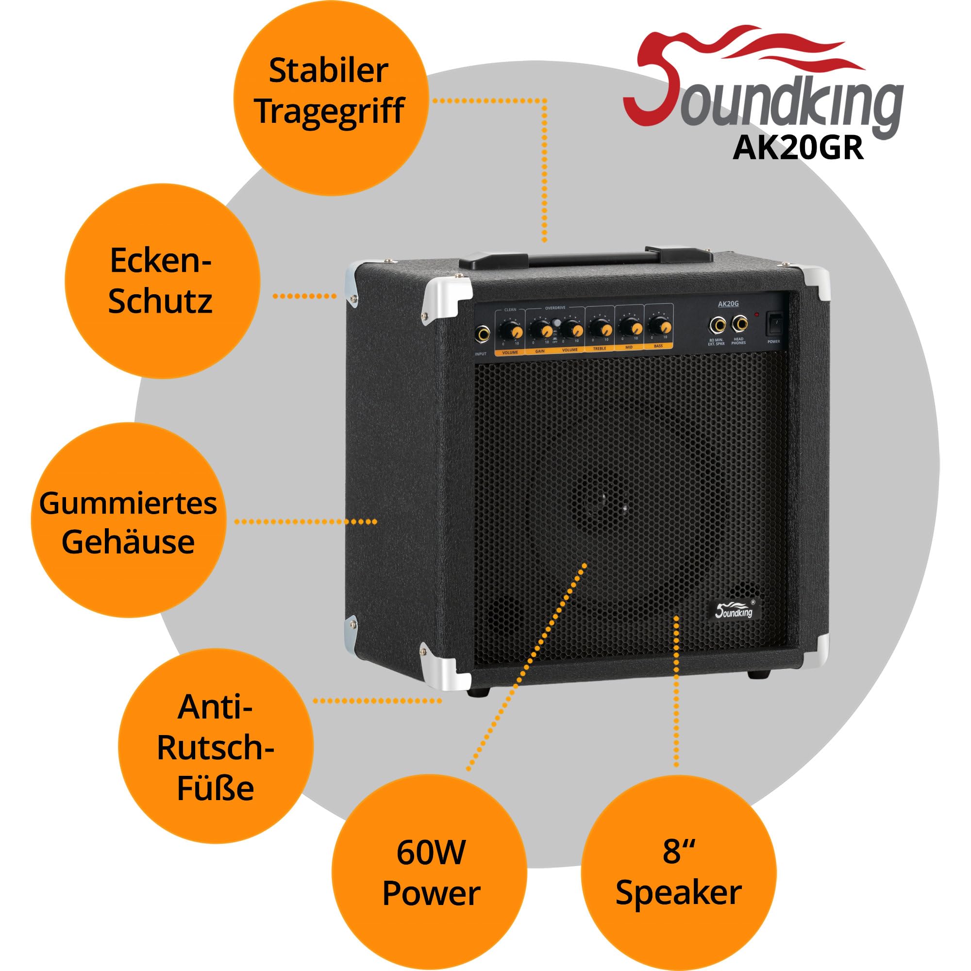 Amplificador Guitarra Soundking AK20-G 60W, Ecualizador 3 Bandas, Altavoz 8", 2 Canales, Salida Auriculares y Altavoz, Ideal Principiantes, Esquinas Protectores Extra Resistentes.
