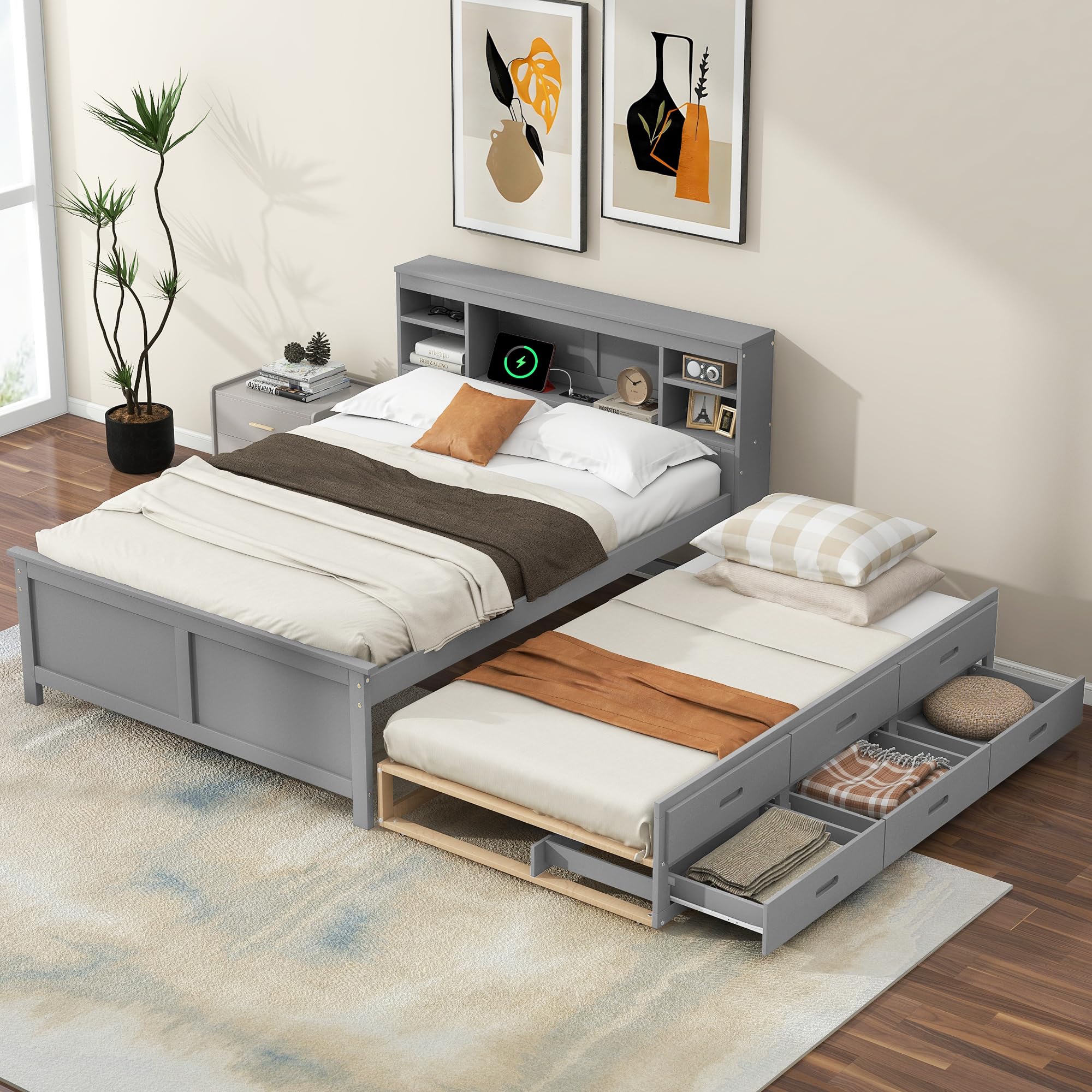 Full  Platform Bed with Storage Headboard, Platform Bed with USB Ports, Trundle and 3 Drawers, Wood Platform Bed Frame with Storage, No Box Spring Needed, Gray (1 box of 2)