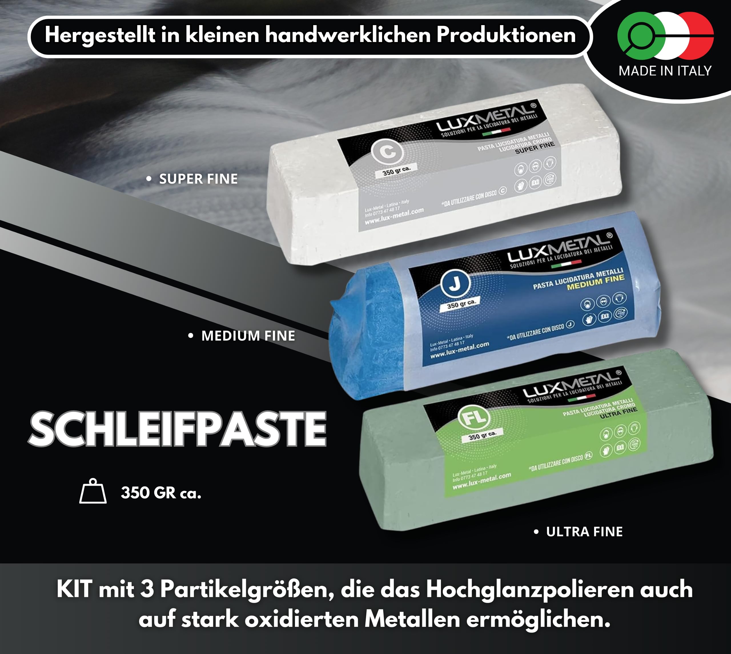 3 Polierpaste 350 g (FL-C-J) Ultrafein Fein Mittel Schleifpaste Für spiegelnden Glanz Auf Edelstahl, Aluminium Messing Chrom Holz Marmor und Weitere Metall, Perfekt Zum Polieren von Messern