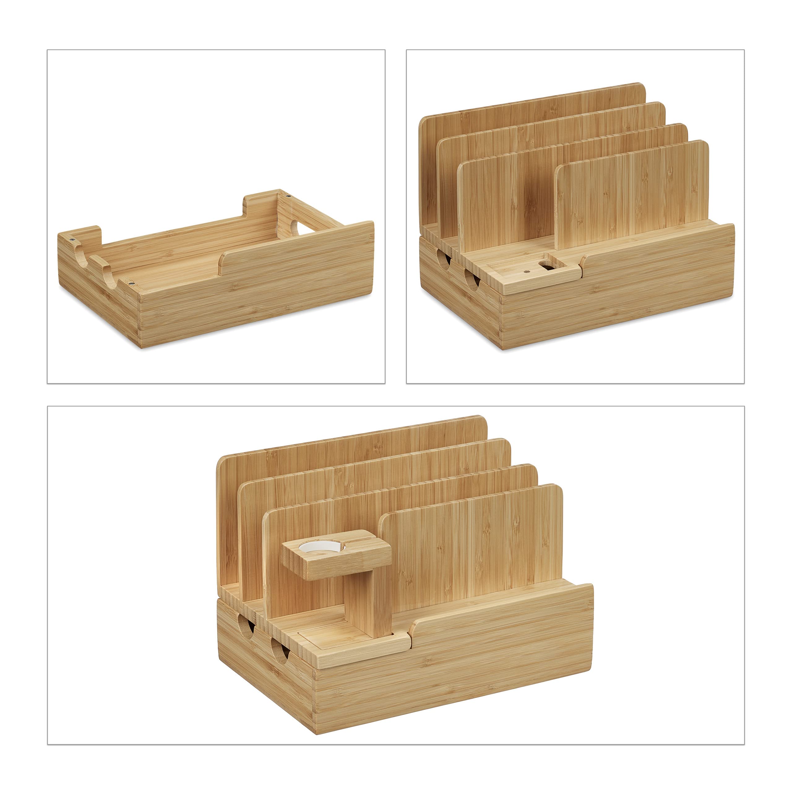 Relaxdays Stazione di Ricarica Multipla, Docking Station per Apple Watch, Tablet e Smartphone, 15x21,5x15 cm, Naturale
