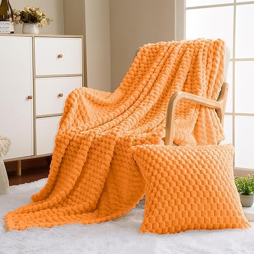 Miniatura 1 de Vessia Manta de franela de forro polar (50 x 71 pulgadas) con funda de almohada (18 x 18 pulgadas), manta mullida jacquard 3D naranja claro para