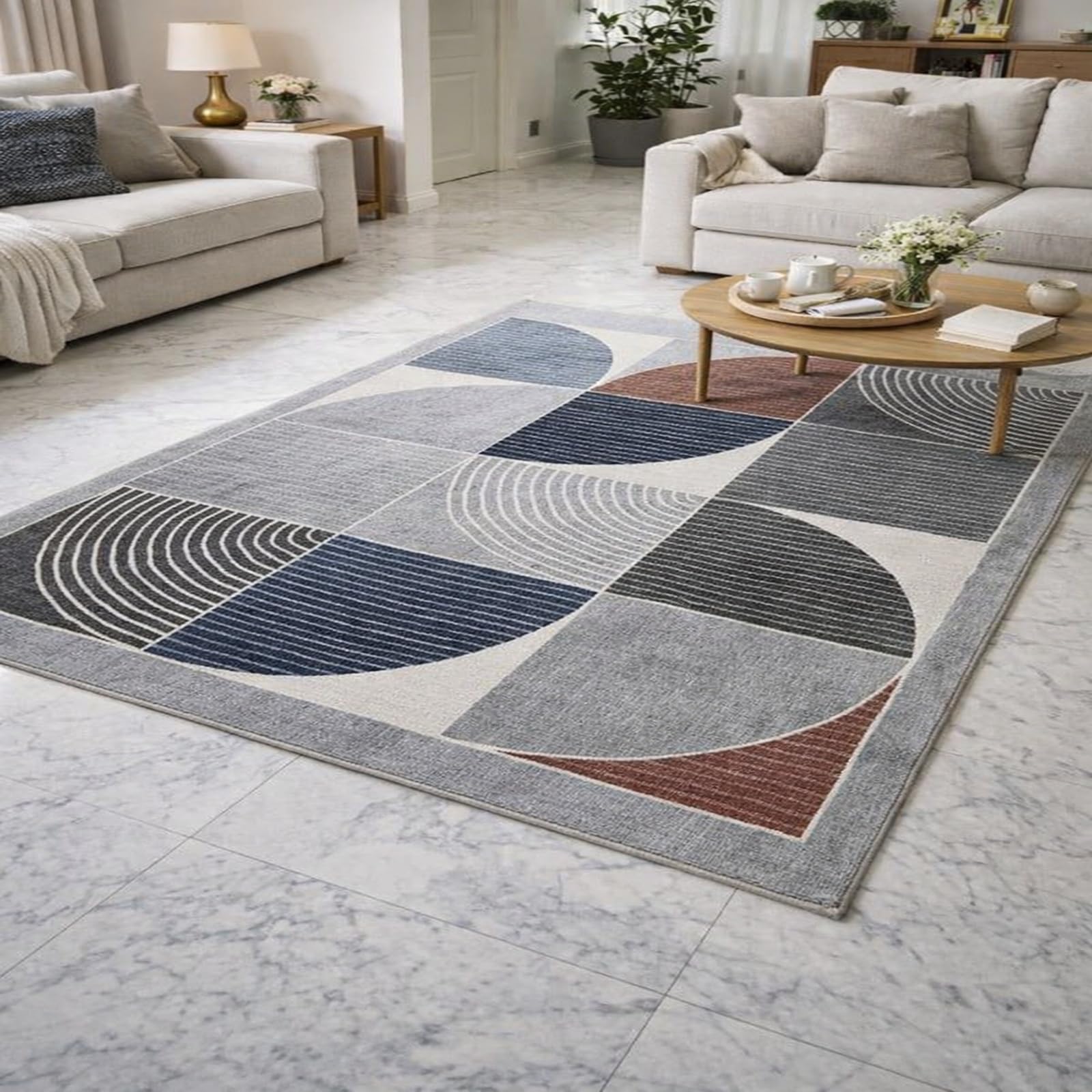 Tapis géométrique abstrait 150x150cm lavable gris bleu pour salon