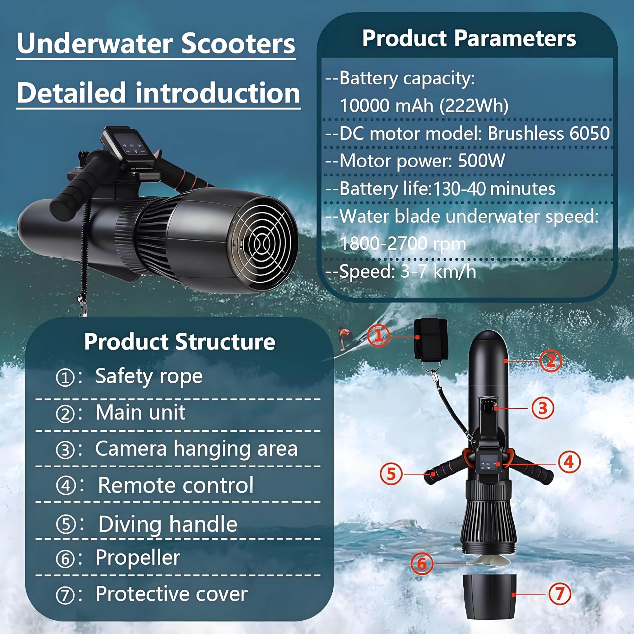 Monopattino subacqueo, propulsore per snorkeling, 500 W/700 W, motore brushless fino a 9 km/h, batteria 10000 mAh, controller per orologio da polso, supporto per fotocamera per avventure acquatiche