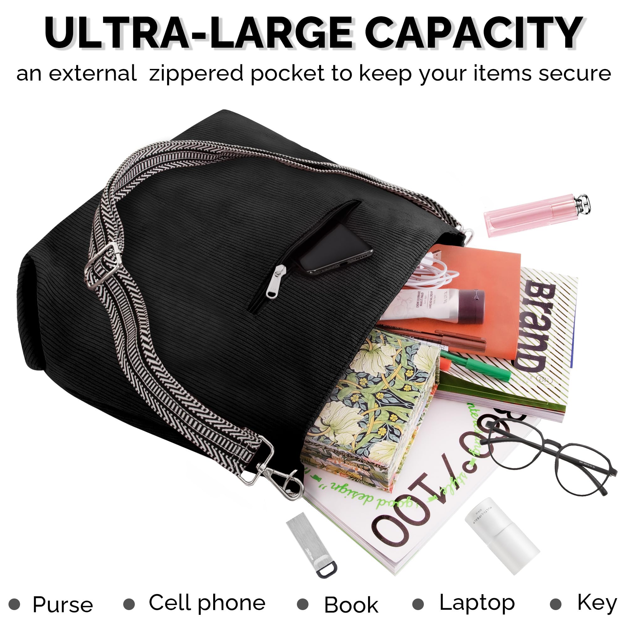 Prite Sac à Main Femme en Velours Côtelé avec Bandoulière Ajustable | Sac Épaule, Cabas, Sac Bandoulière, Grande Capacité, Multi-Poches, Léger, Doux, Lavable, Travail, Shopping, Voyage