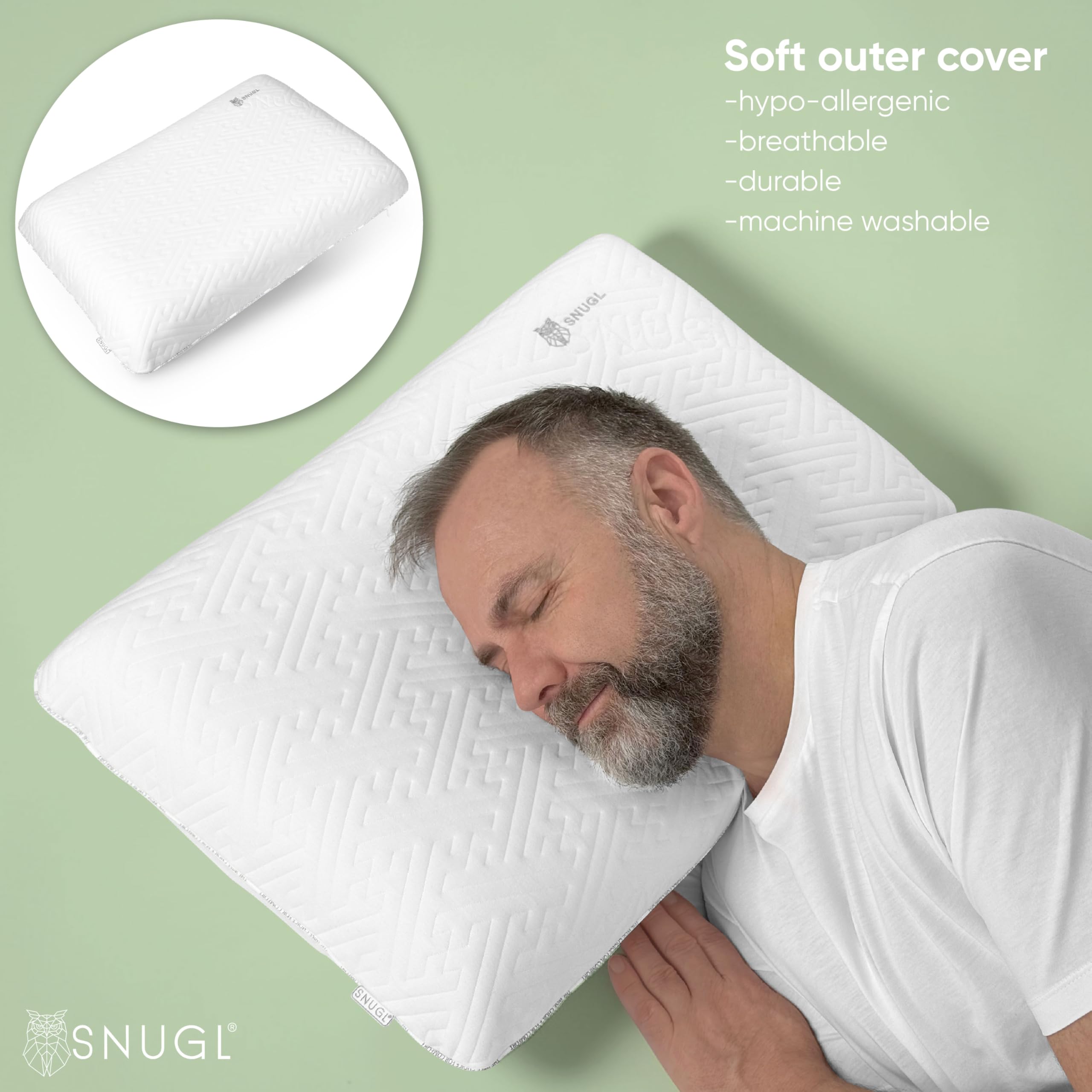 SNUGL Cuscino Classico in Memory Foam – Cuscino Ortopedico per Dolori Cervicali, al Collo e alle Spalle – Supporto Ergonomico per Dormire su un Fianco o sulla Schiena – Cuscino Letto Ipoallergenico