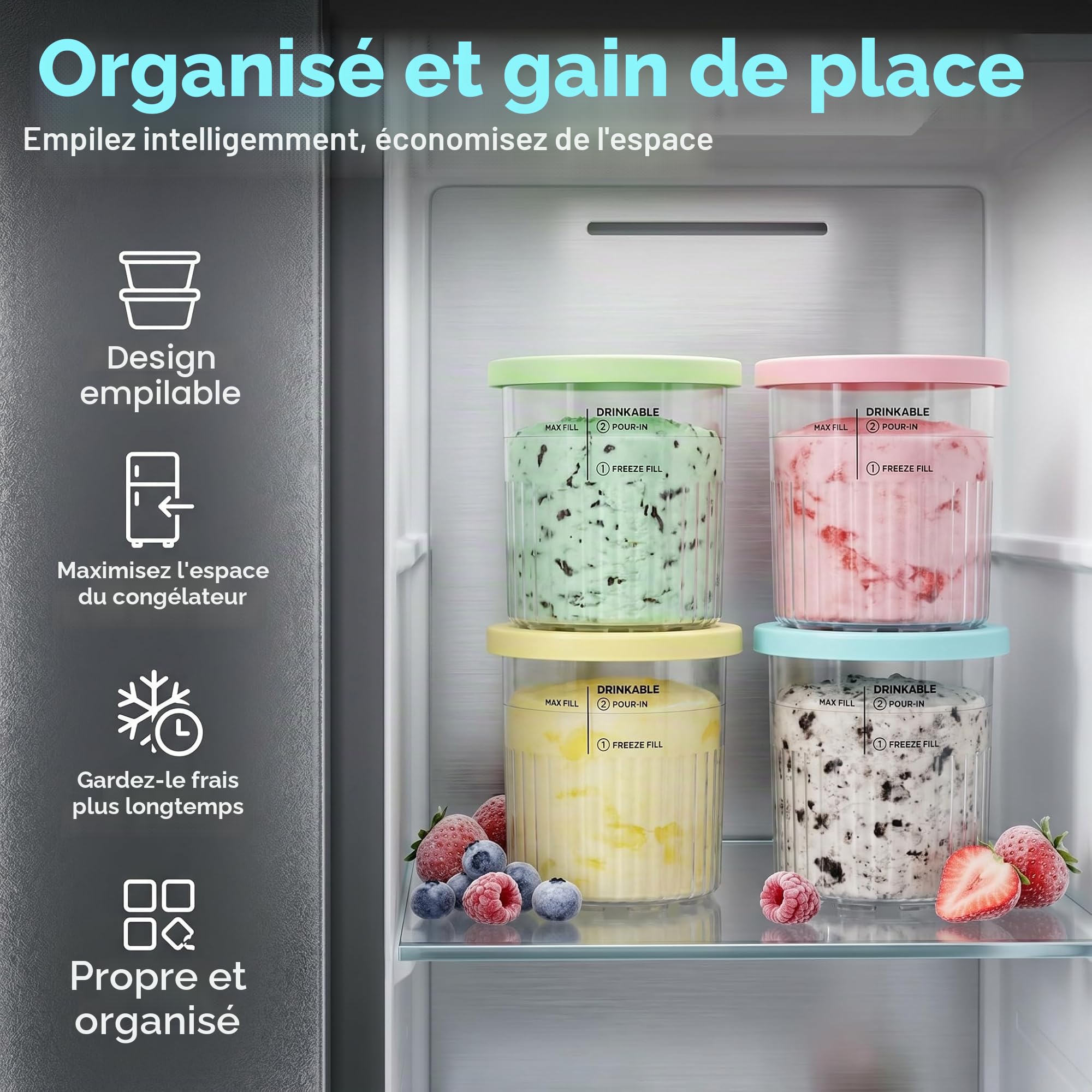 Set de 4 récipients pour Ninja CREAMi Deluxe, pintes de crème glacée de 24oz avec couvercles colorés, incluant 4 mini-cuillères et cuillère à glace en acier inoxydable, accessoire sans BPA et lavable