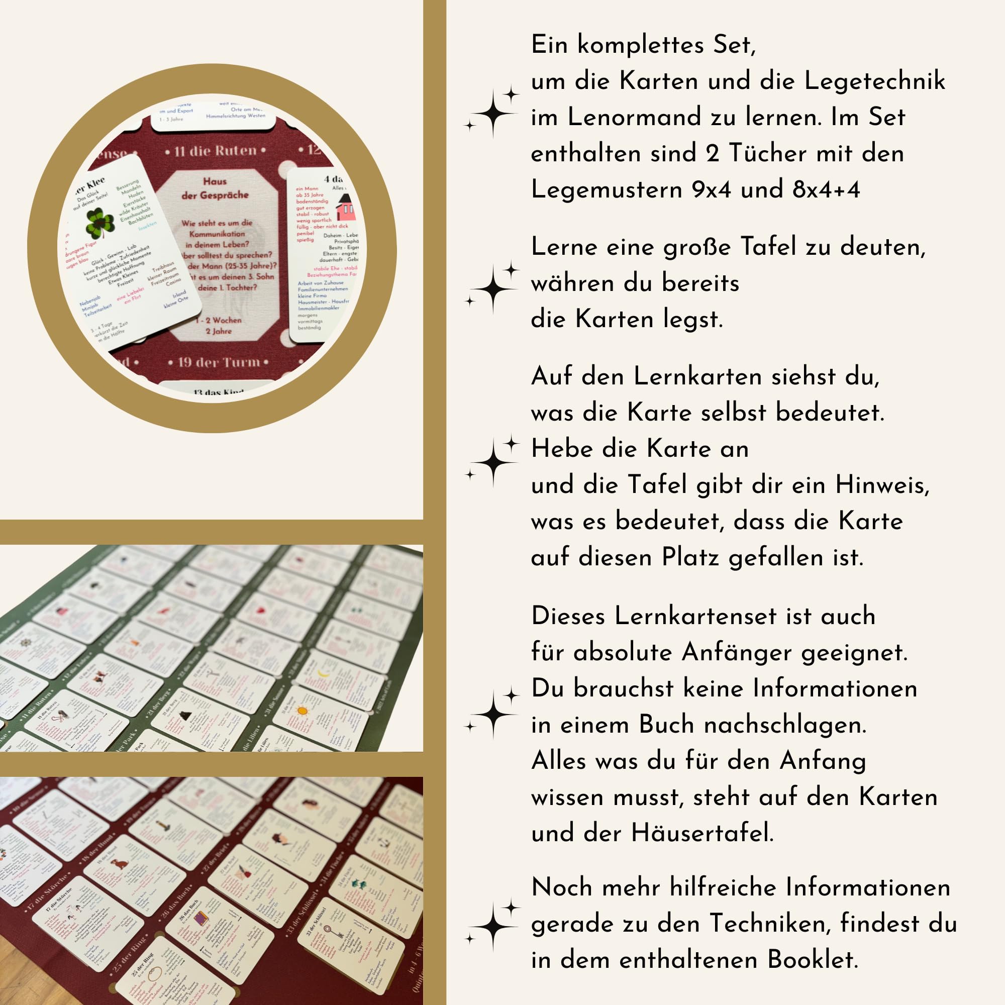 Lenormand großes Lernkarten Set - 2 Legetüchern für Anfänger