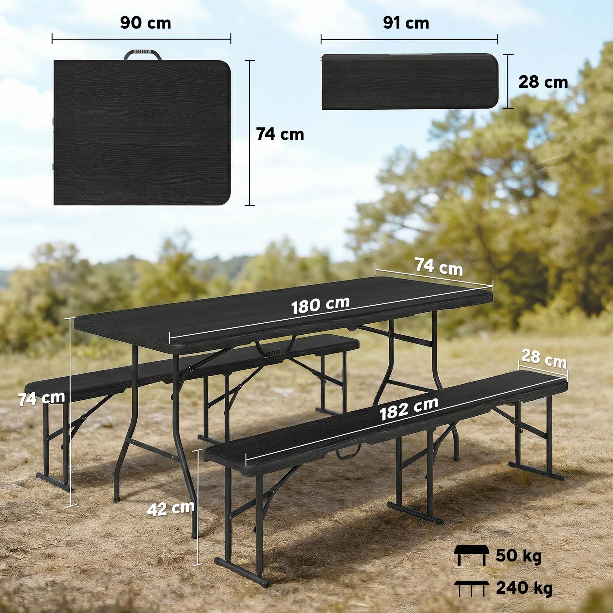 Outsunny Ensemble Table Pliante et bancs de Pique-Nique 180 cm, Table Camping Pliante avec chaises Portable avec poignées de Transport, Banc Pliable pour terrasse, Jardin, Barbecue, Noir