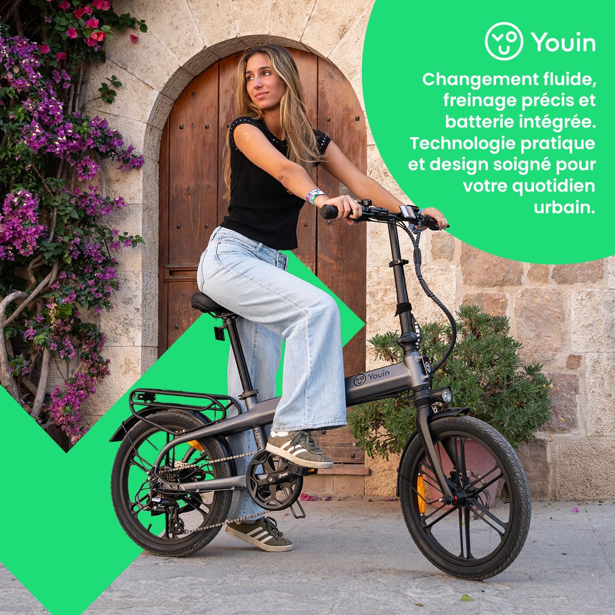 Youin Praga Pro BK1850 Vélo électrique Pliable Fat 20 Pouces Moteur 250 W Sangle Carbone Batterie Amovible jusqu'à 60 km Freins hydrauliques Écran Couleur Suspension 80 mm Premium.