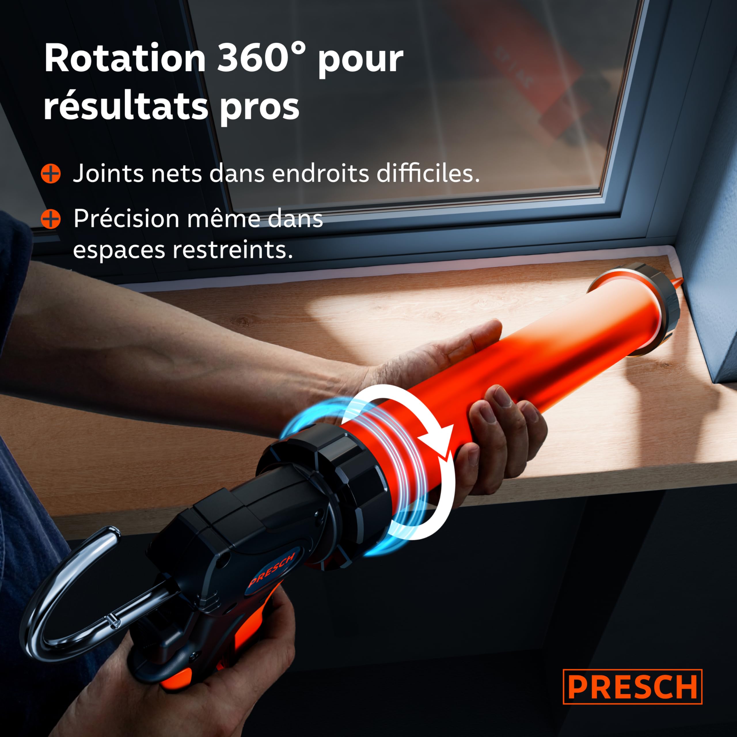 Presch Pistolet silicone 600ml incl. 2 embouts – Pistolet à calfeutrer commutable 24:1 & 12:1 pour tous mastics & adhésifs (acrylique, silicone & PU) – Seringue rotative 360° & poignée antidérapante