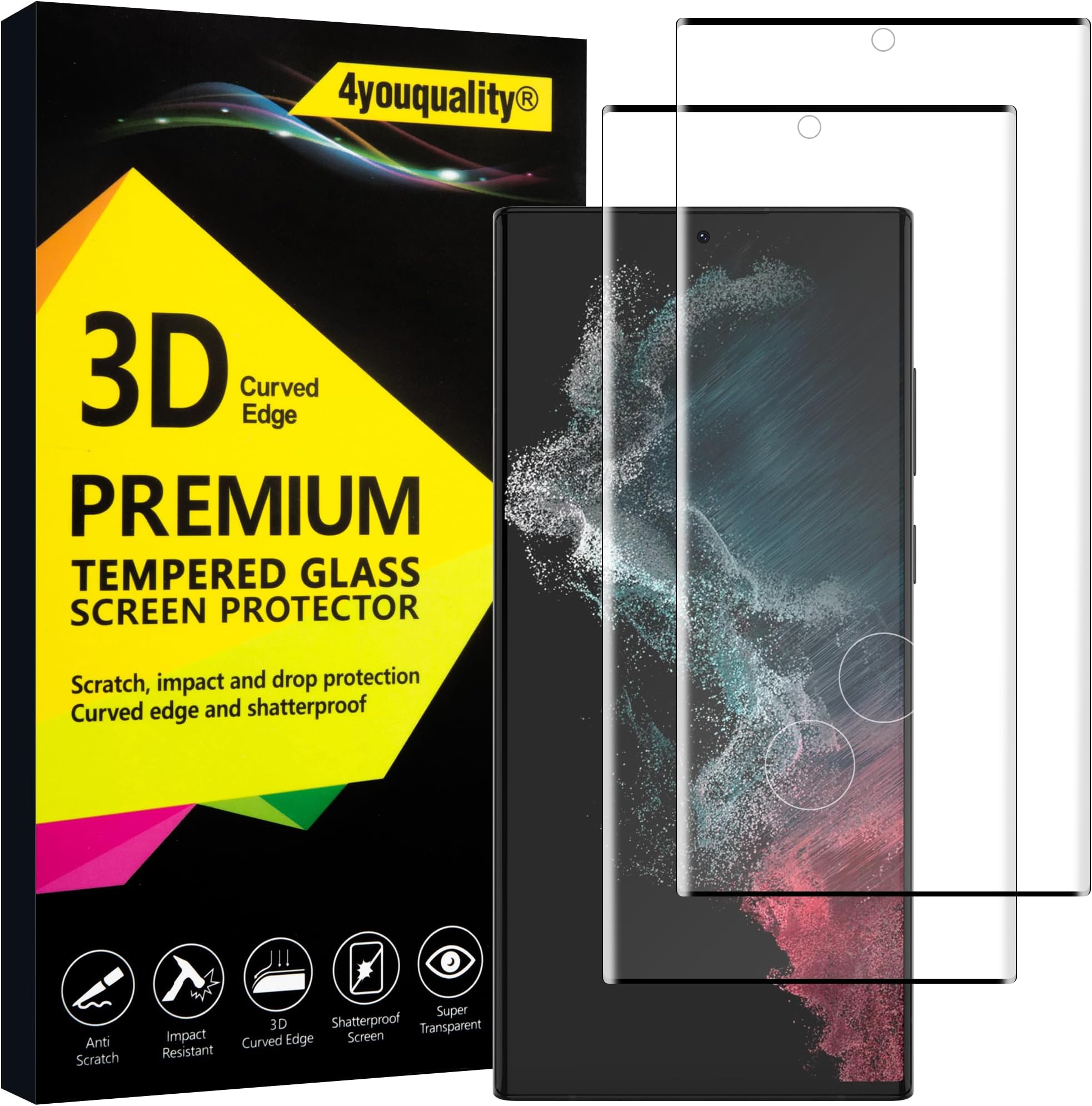 4youquality Tempered Glass Screen Protector for Samsung Galaxy S22 Ultra, 2-Pack, [LifetimeSupport][Impact-Resistant][Anti-Shatter][Anti-Scratch]