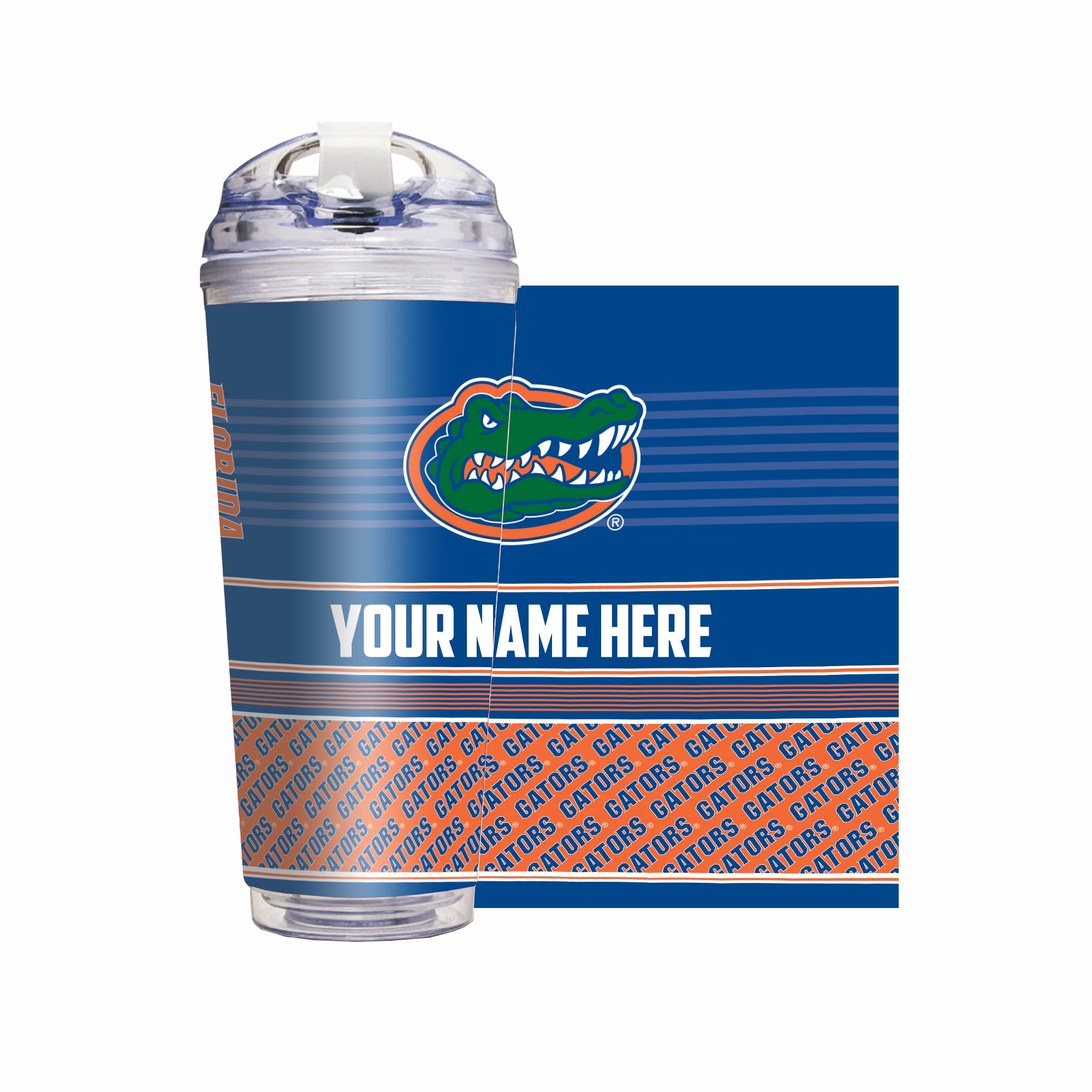Rico Industries NCAA Florida Gators Primary 24oz Personalized Tumbler W/Hinged Lid - Team Colored Travel Tumbler - Keeps Drinks Cold or Hot