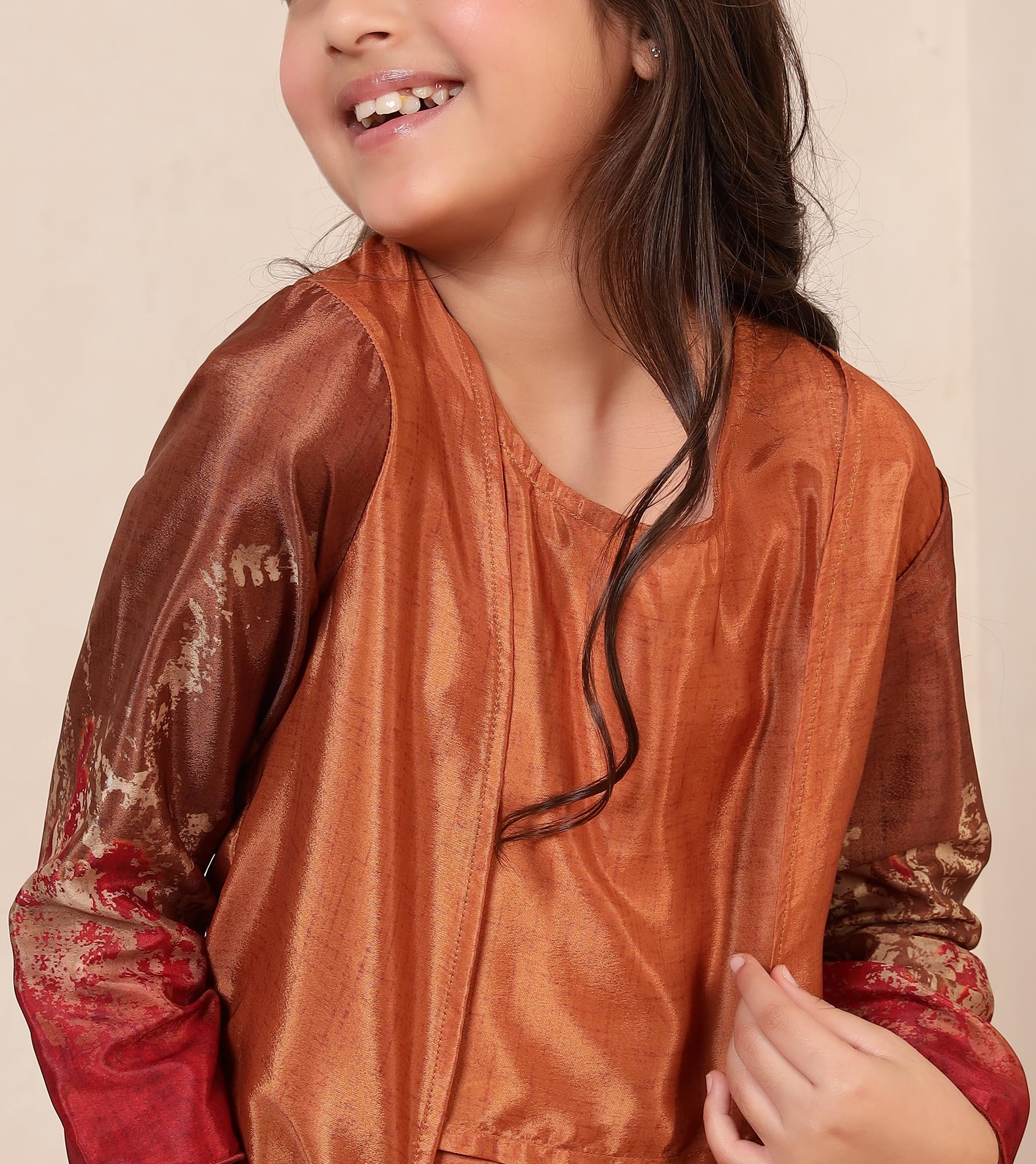 Bugandbees Tie Dye Silk Blend Top & Pants With Shrug|Full Sleeves Fusion Wear Relaxed It Co-Ord Set for 3 Years to 13 Years Kids|Festive Casual Wear Latest Collection (BBCO00000356_11-12Y_Mustard) 1