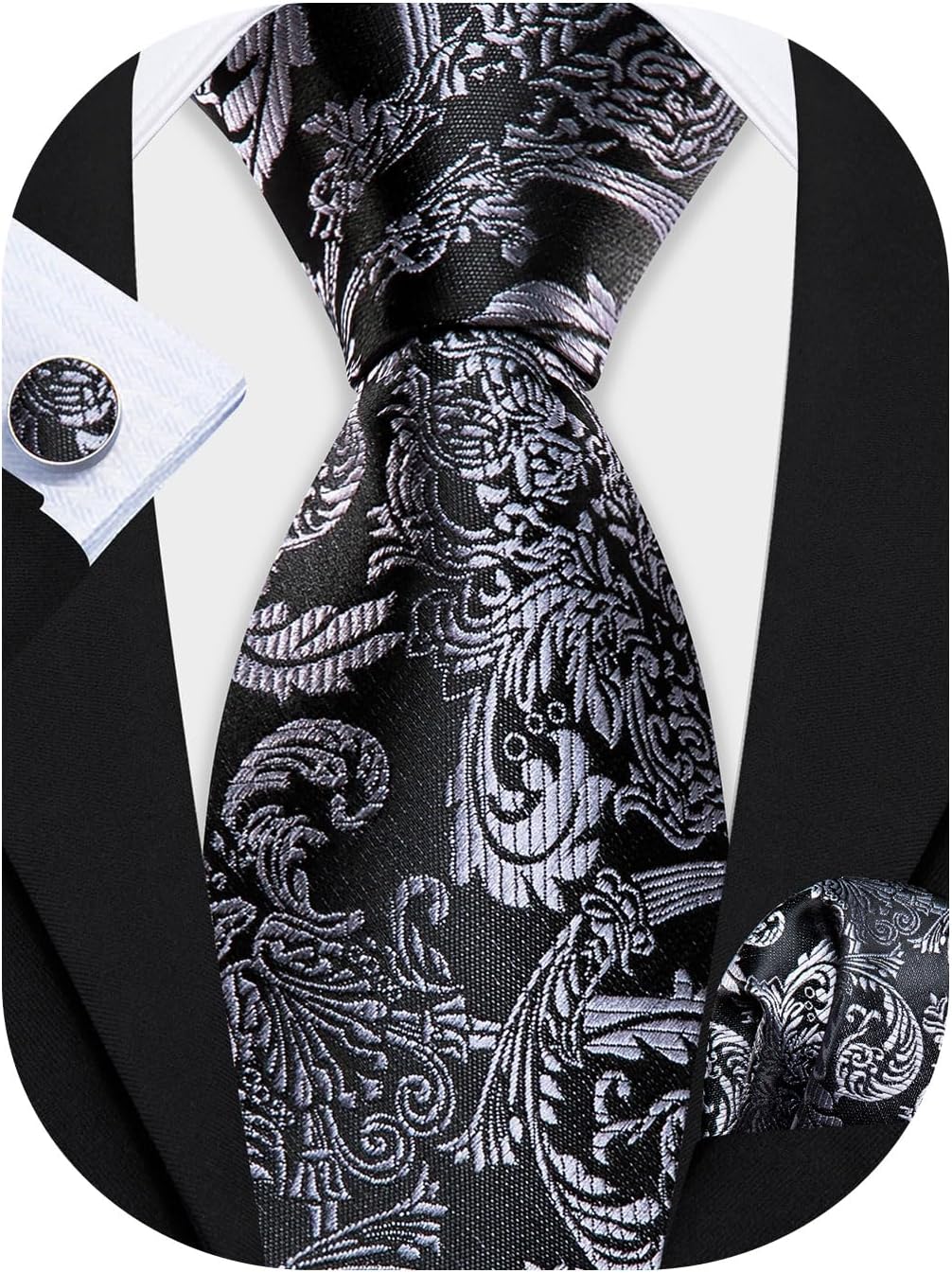 Barry.Wang Men Tie Set Floral Paisley Silk Necktie Pocket Square Cufflinks Formal Wedding Party Business
