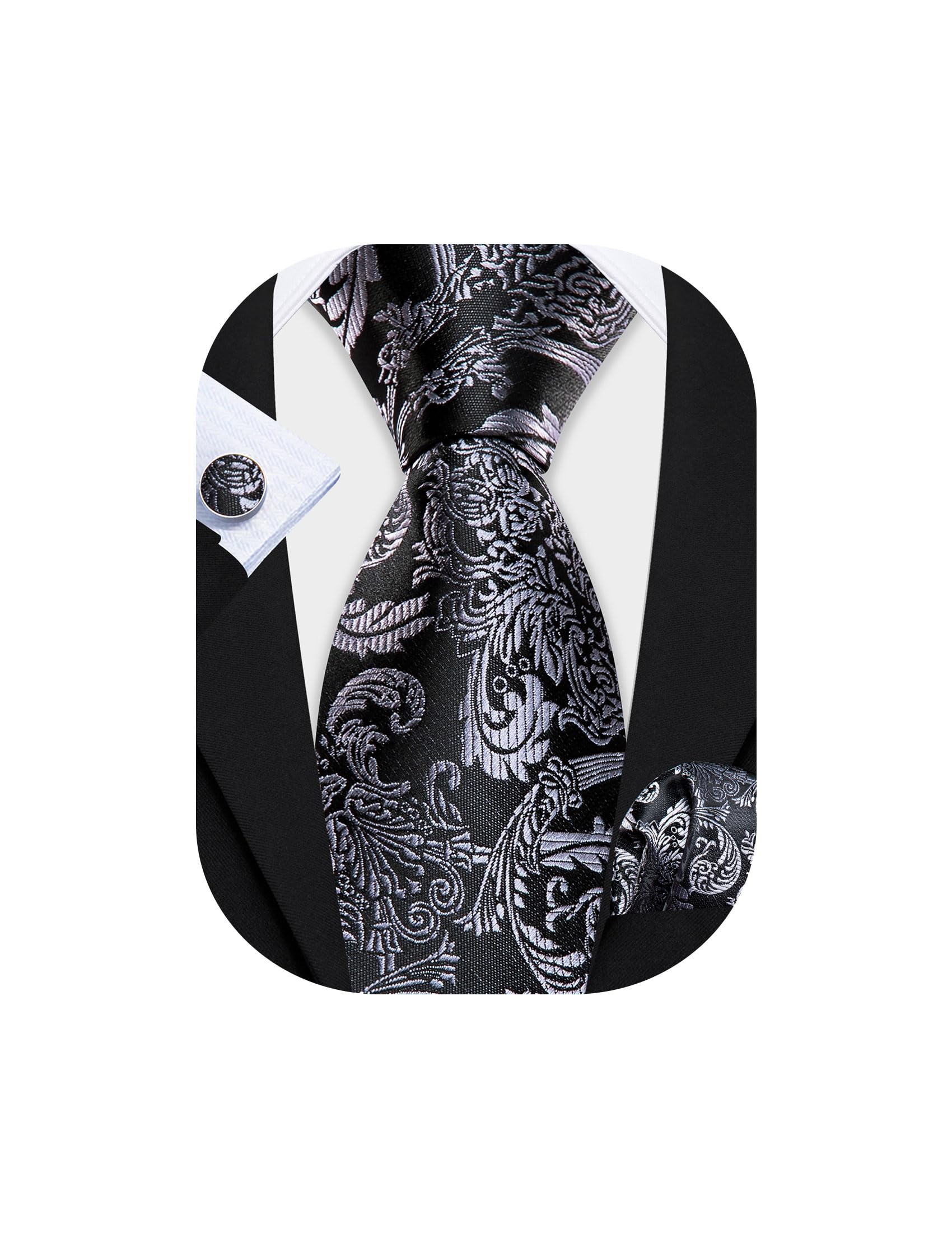 Barry.Wang Men Tie Set Floral Paisley Silk Necktie Pocket Square Cufflinks