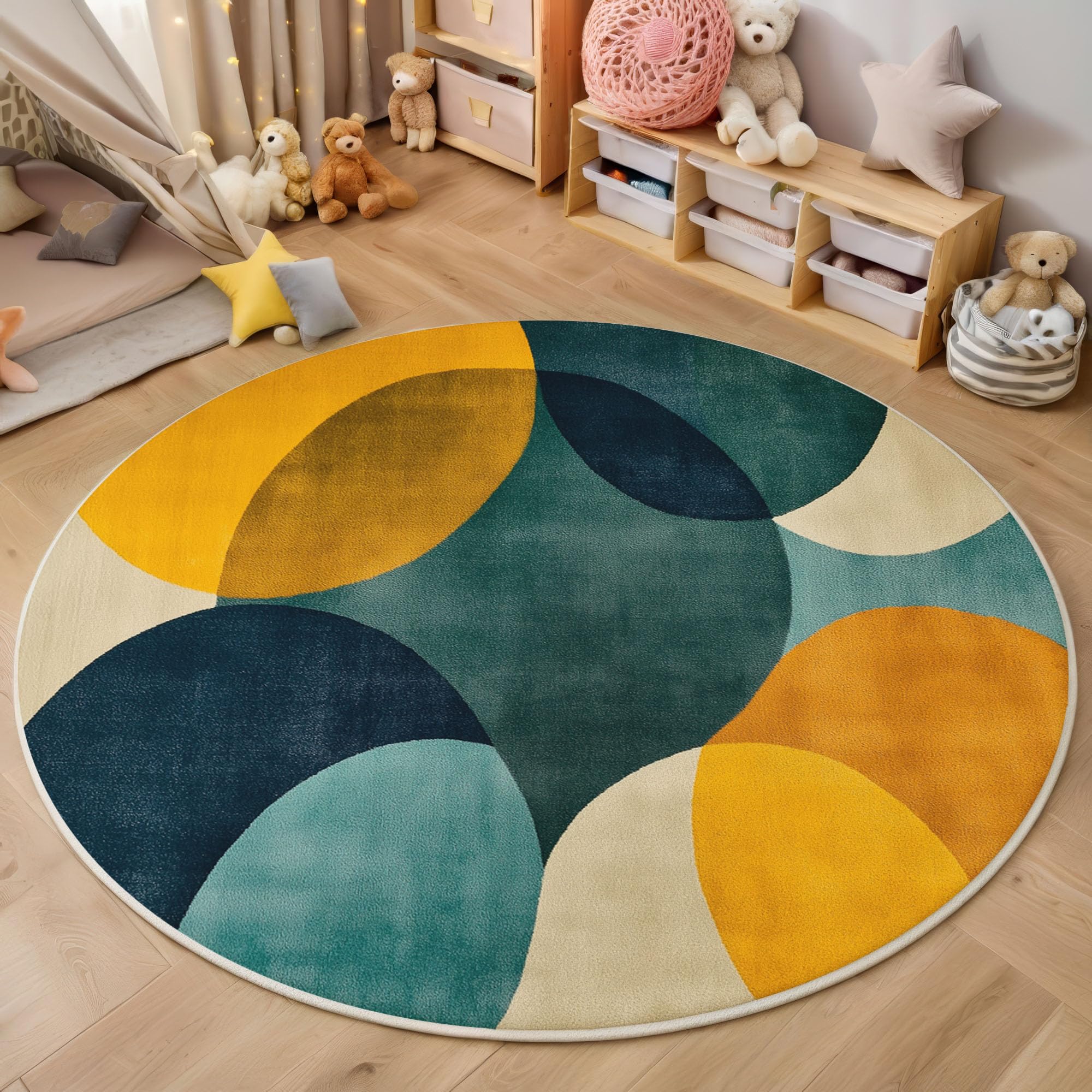Modernismus Teppich Rund 100cm rutschfest Teppiche Wohnzimmer Geometrische Kreise Waschbar Teppiche Kurzflor Weich Runder Teppich Senfgelb for Wohnzimmer Schlafzimmer Studie Esszimmer