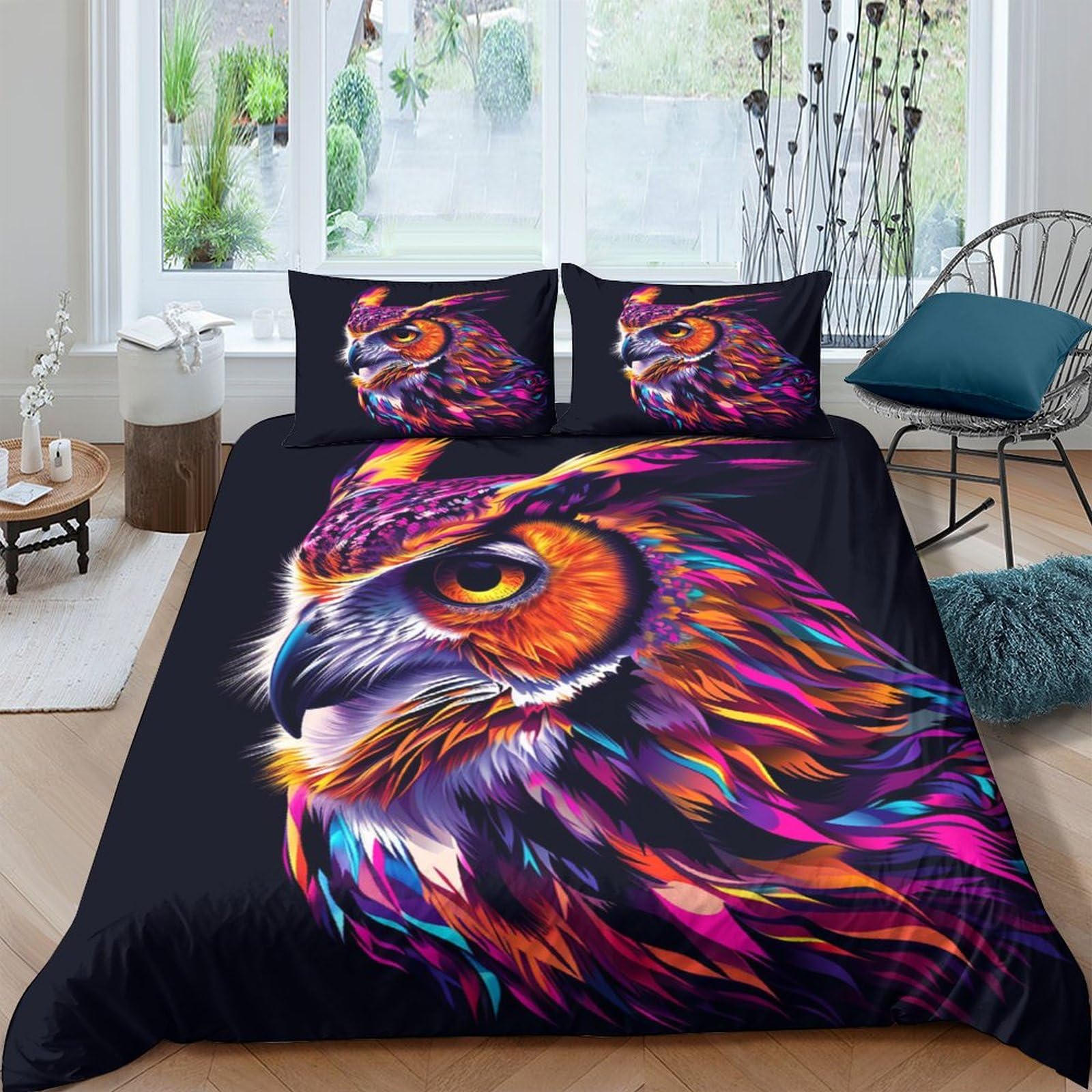 Parure de lit hibou en microfibre douce et anti-froissage King 220x240 cm