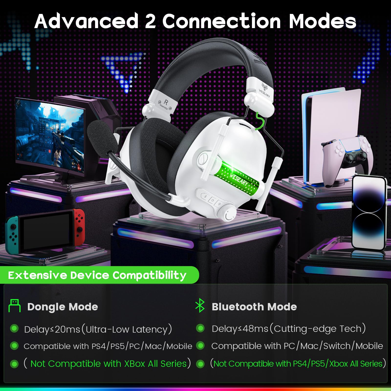 WESEARY WG2 Cascos Gaming Inalambricos, Auriculares Gaming Inalambricos de 2.4G para PS5, PS4, PC, Switch, Sonido Estéreo 7.1 Auriculares con Microfono, Cascos Gaming con Luz LED, Duración 50Hr+