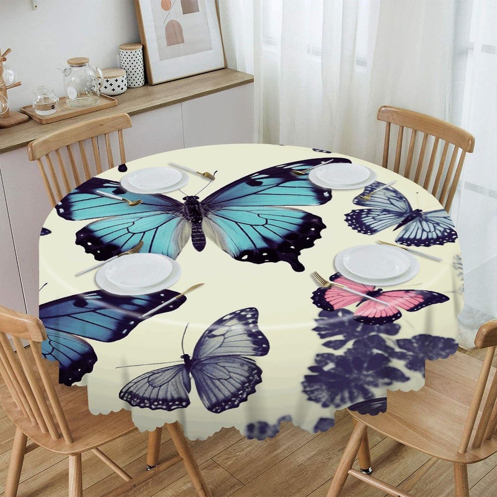 VstaDank 60 Inch Round Beautiful Butterfly Tablecloth Polyester Waterproof Wrinkle Free Table Cloth Spillproof Washable Table Cover Colorful Tablecover Decor for Home Kitchen Dining Party