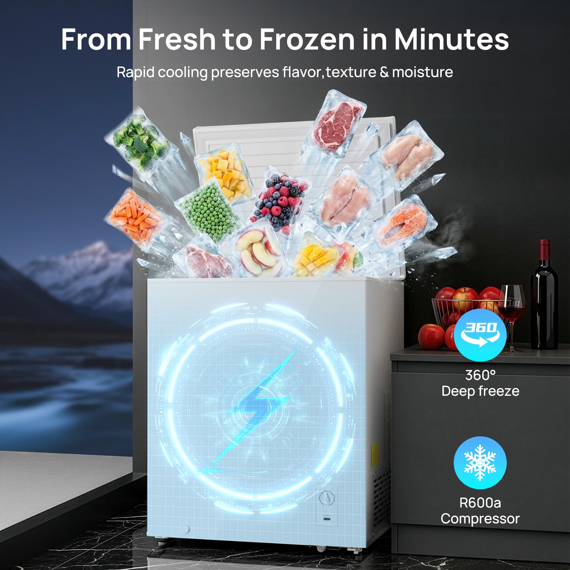 5.1 Cu.Ft Chest Freezer, Small Compact Deep Freezer with Adjustable 7 Thermostat,2 Removable Baskets, Energy Saving, Quiet Top Open Door Mini Meat Freezer with LED Light for Garage Outdoor Home Office - 3