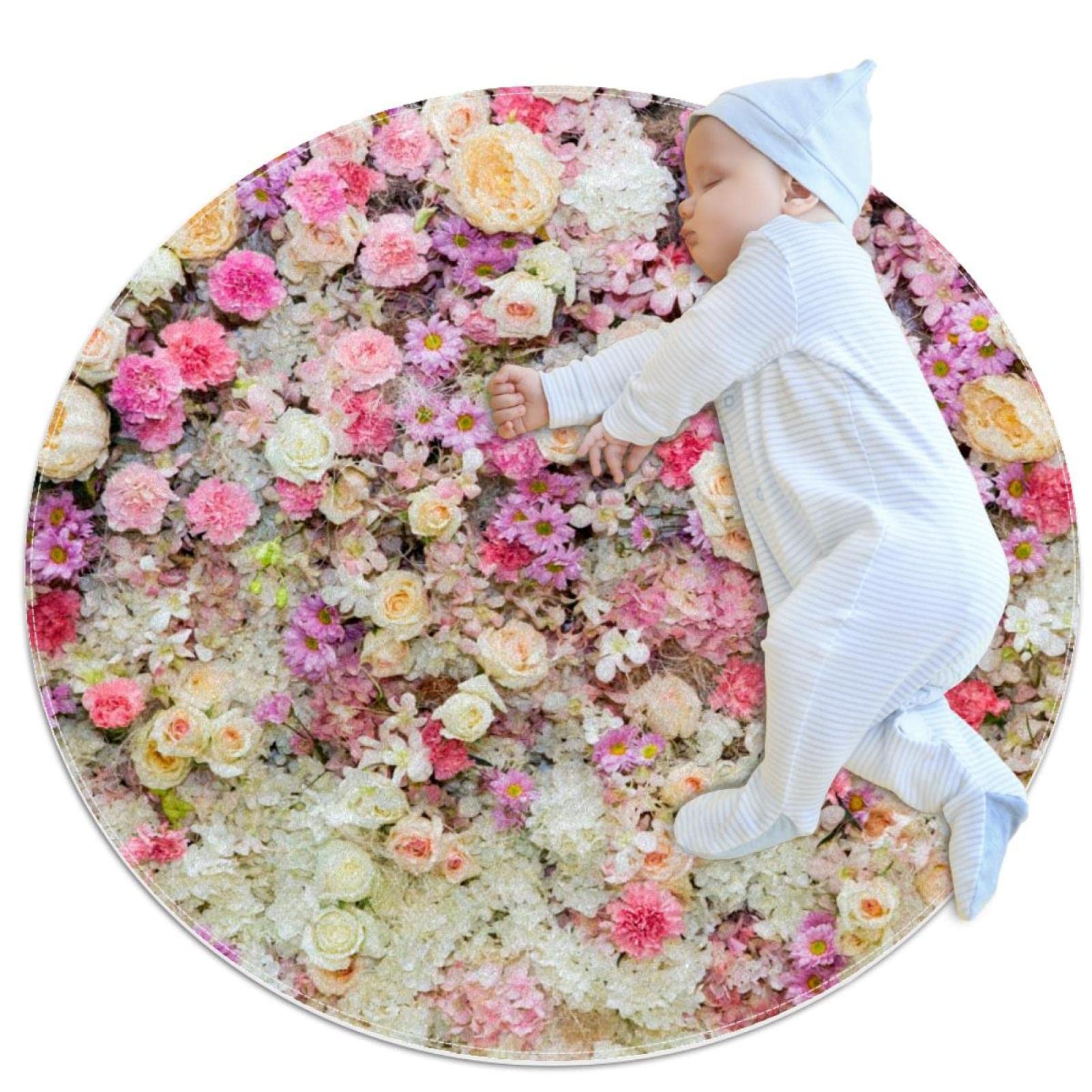 Tapis de salle de bain sécurisé antidérapant rond motif fleurs pour éviter les glissades