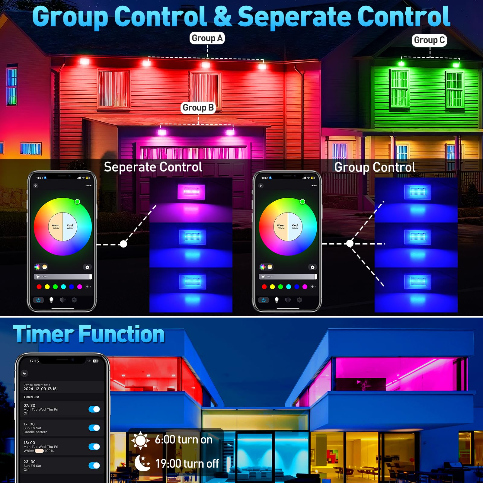 Faretto LED RGB Esterno, T-SUNUS 60W Proiettore LED RGB con APP Bluetooth e Telecomando, IP66 Impermeabile Dimmerabile per Giardino Pasqua Partito Halloween 4 Pezzi