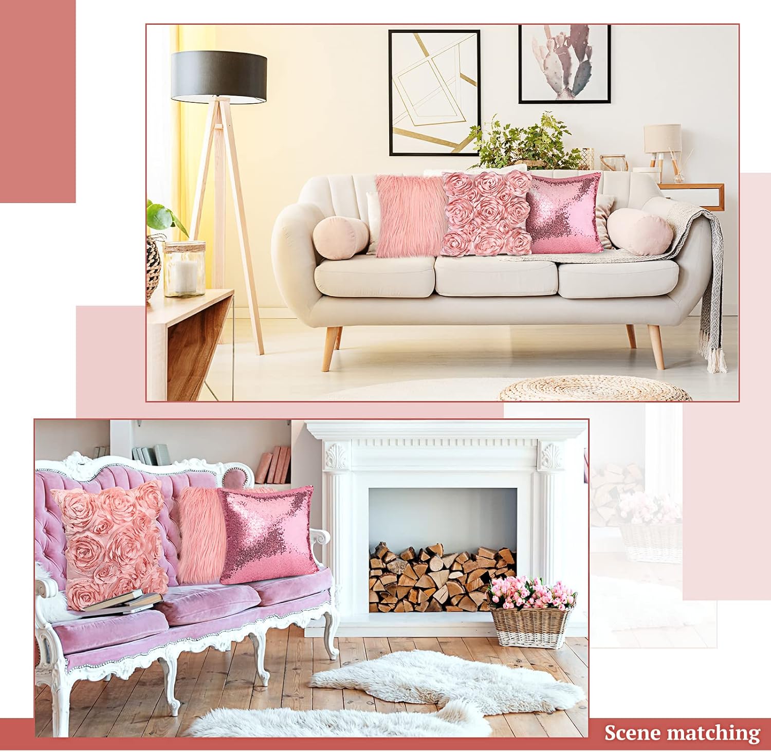 Oudain 6 Pcs Decorative 3D Rose Flower Pillow Cover, 16 x 16 Inch Faux Fur Throw Pillow Covers for Bed Square Sofa Bedroom Car(Pink Colors)