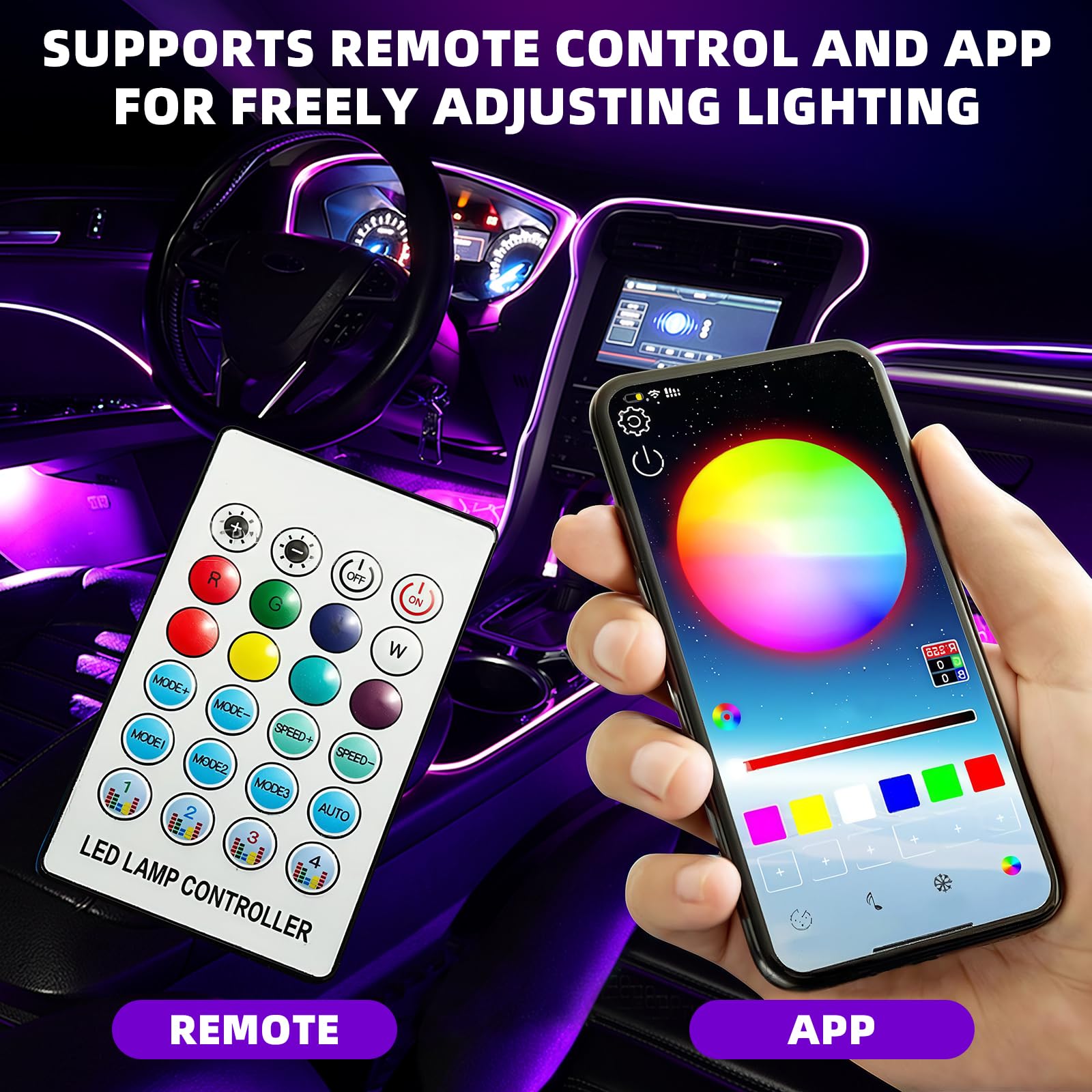 3T6B Illuminazione d'atmosfera LED in acrilico per auto, 16 milioni di colori, controllo tramite app e telecomando, illuminazione d'atmosfera USB per uomo e donna