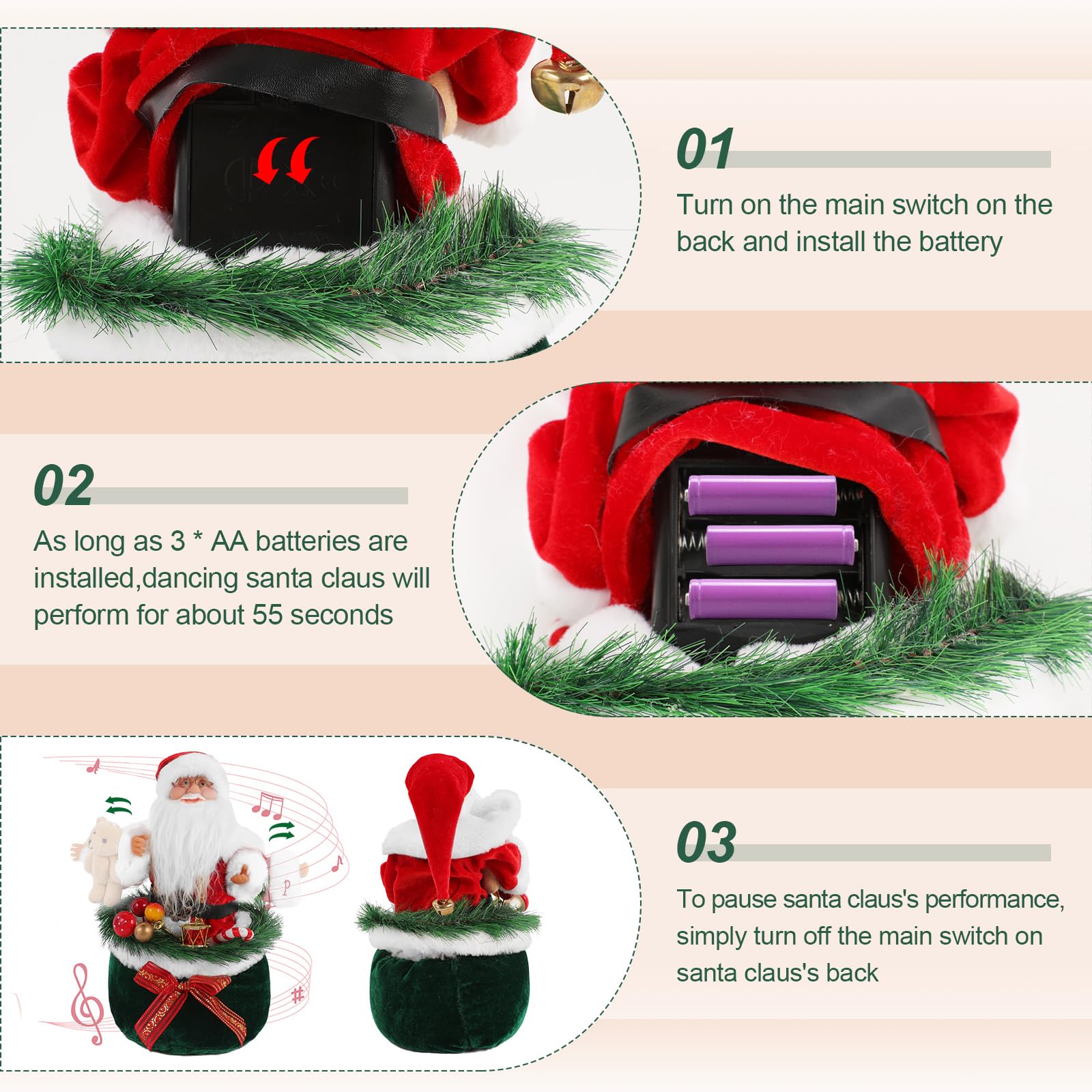 Gfilay Figurine de Père Noël de Noël, figurine de collection Père Noël dansant avec musique tenant l'ours et debout à l'intérieur du sac cadeau – Interrupteur à induction