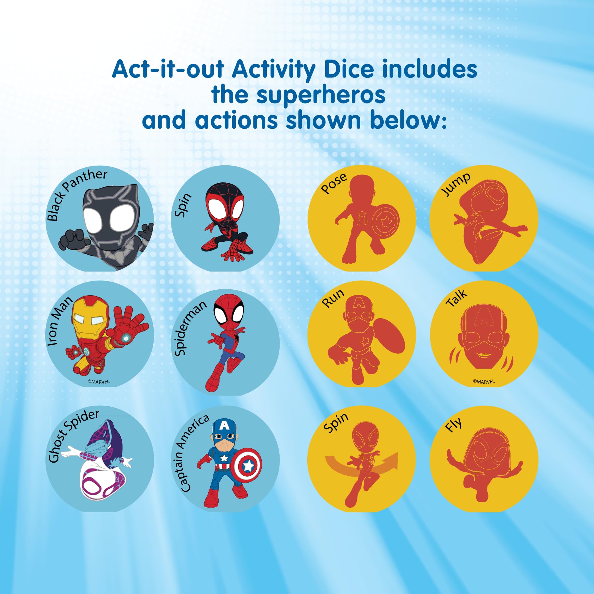 Spidey and Friends Dice Imagination Act Out The Action Game | Noche de juegos familiares para todas las edades | Diversión creativa y atractiva para todos con Spidey y amigos con 36 combinaciones
