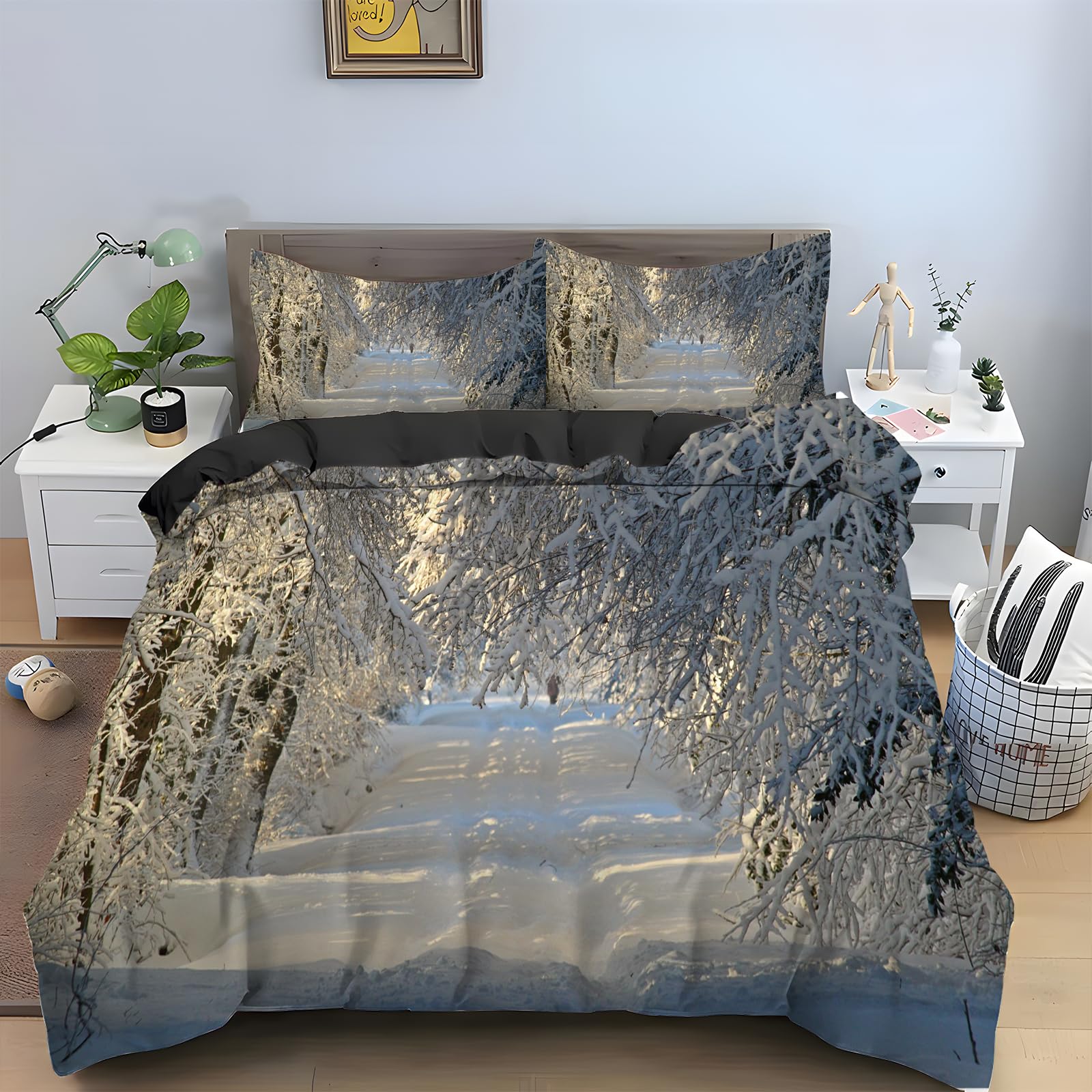 Szare płatki śniegu zestaw pościeli super king size – poszewka na kołdrę z nadrukiem drzewa + 2 poszewki na poduszki 48 cm x 74 cm, mikrofibra 110 g nadaje się do prania, hipoalergiczna z