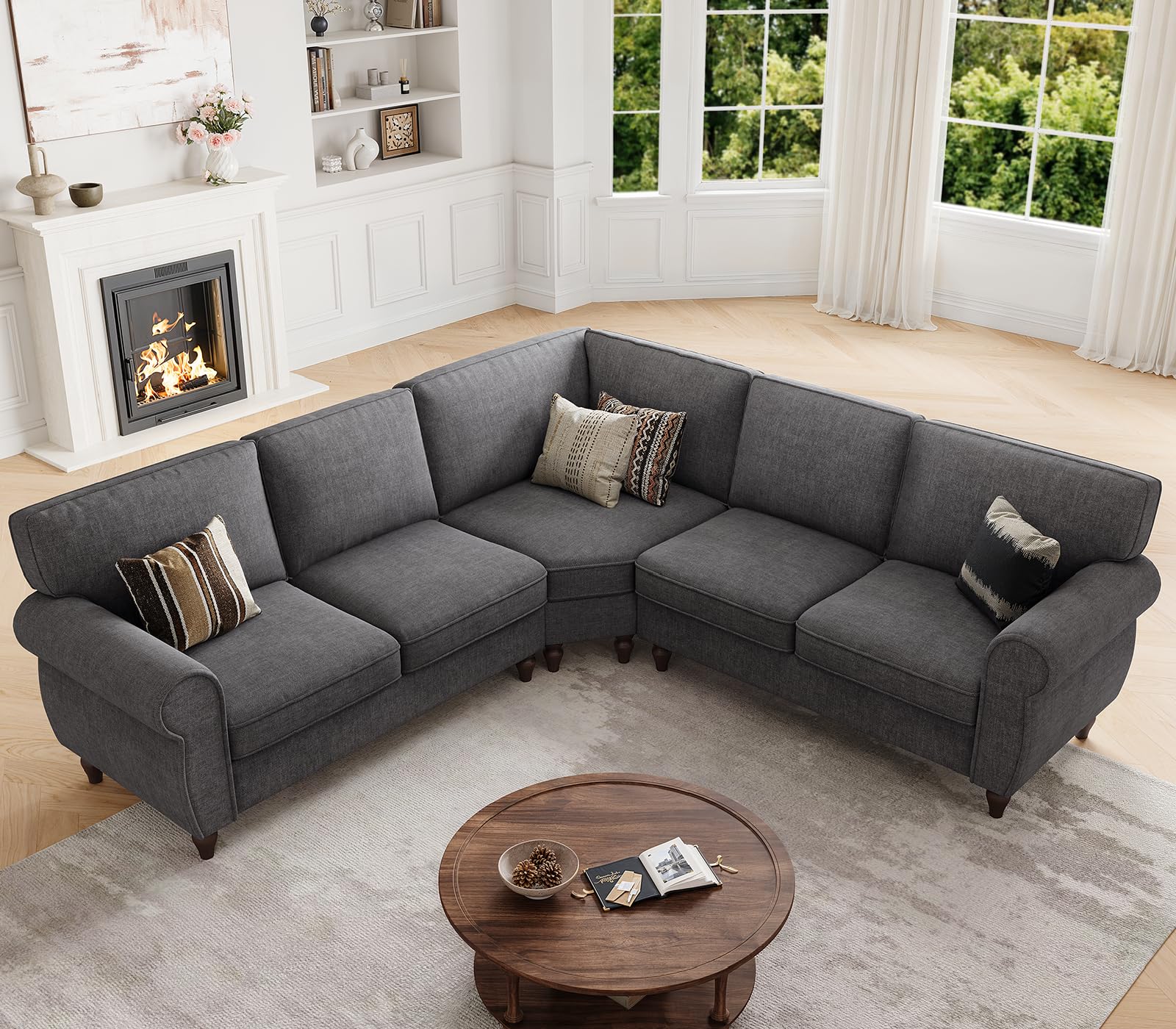 ONBRILL 101" L Shaped Couch, Sectional Corner Sofa with Rolled Arms, 5 Seater Chenille Fabric Couch w/Springs Seat Cushion, Wooden Legs, Comfy