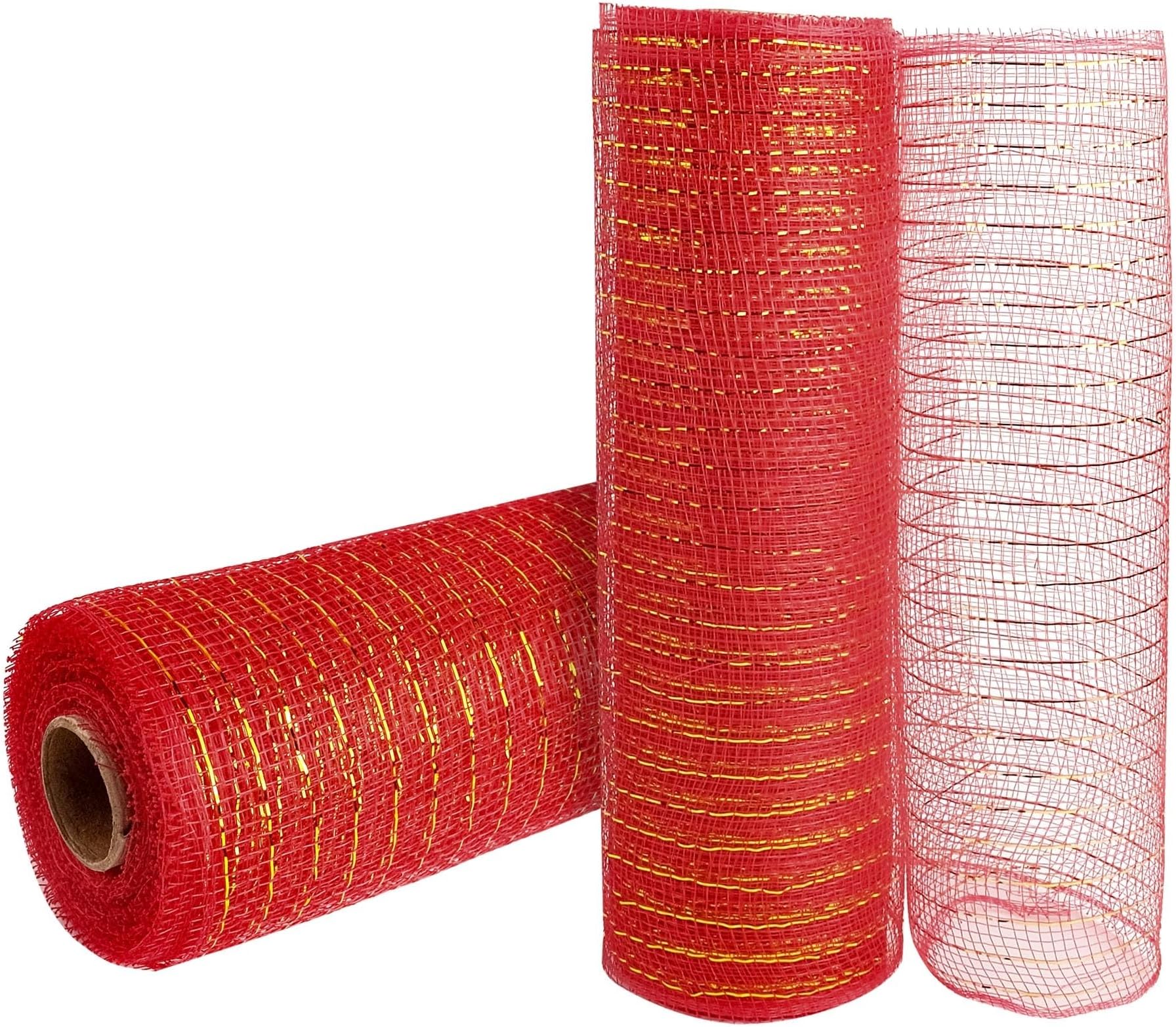 2 Rolls Red Deco Mesh Ribbon 10 in x 30 ft,Basic Metallic Poly Mesh Ribbon Rolls for DIY Wreath Supplies Christmas Tree Halloween Decoration Gift Wrapping,Floral