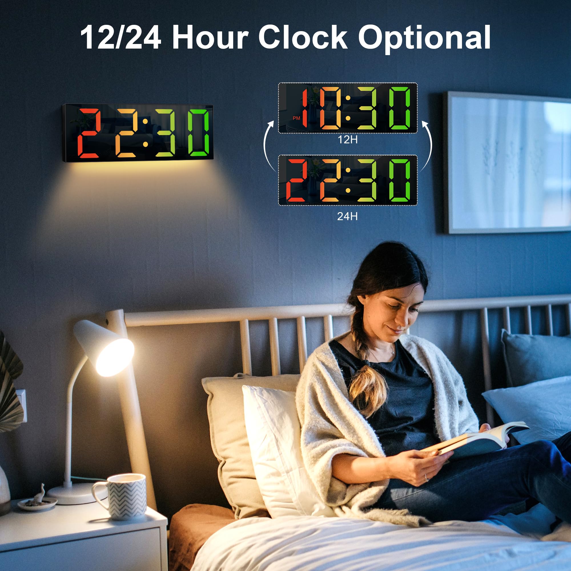 Sukeen Horloge Murale numérique avec veilleuse, Grande Horloge Murale numérique de 30 cm avec télécommande/Grand écran/8 Couleurs/variateur réglable, Horloge Murale Noire pour Chambre, Salon, école
