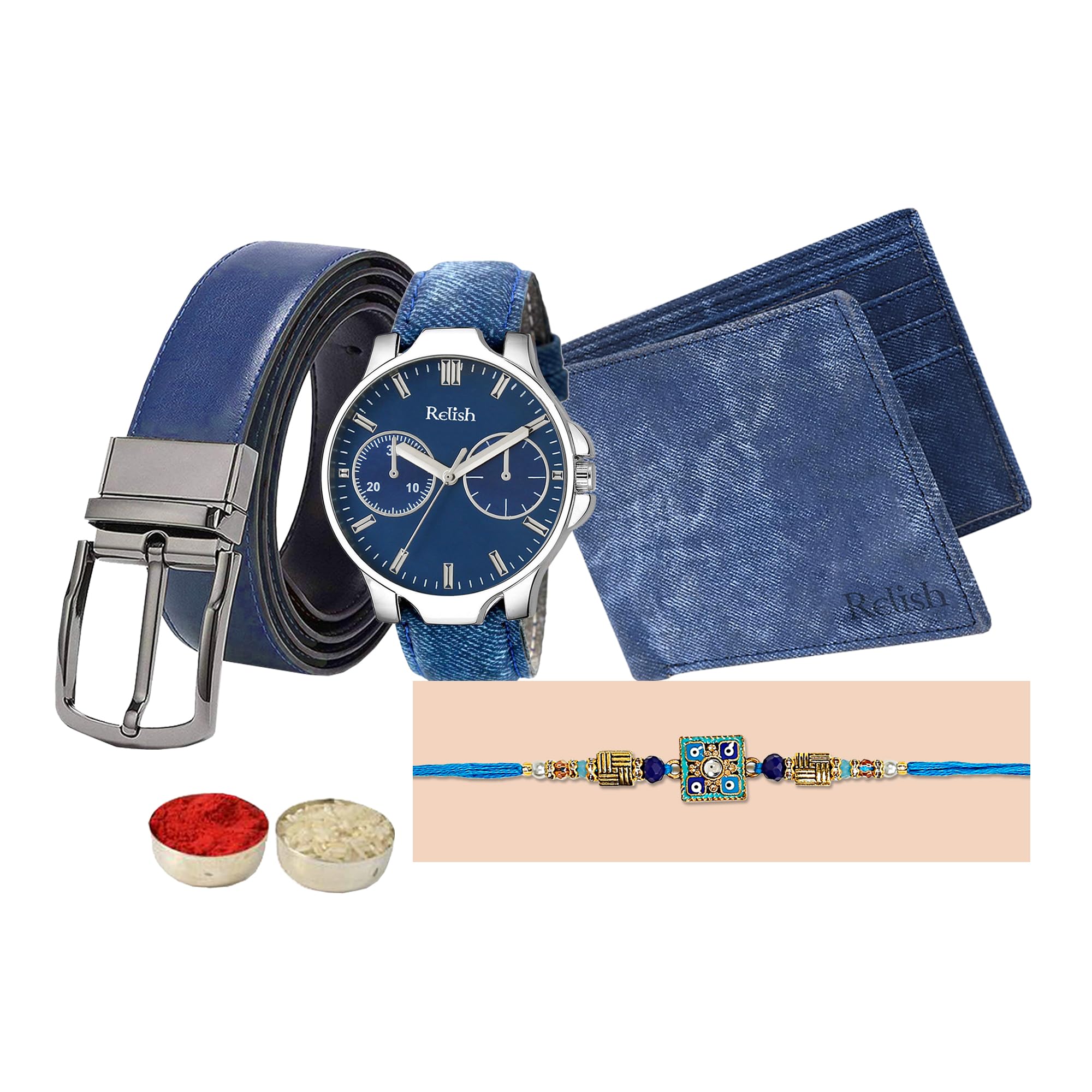 Relish Raksha Bandhan Gift Watch, Denim Wallet, Reversible Belt, Designer Rakhi and Roli Chawal Combo | Rakhi Gift for Brother | (B0C5JKQ8FG) Amazon Price History, Amazon Price Tracker