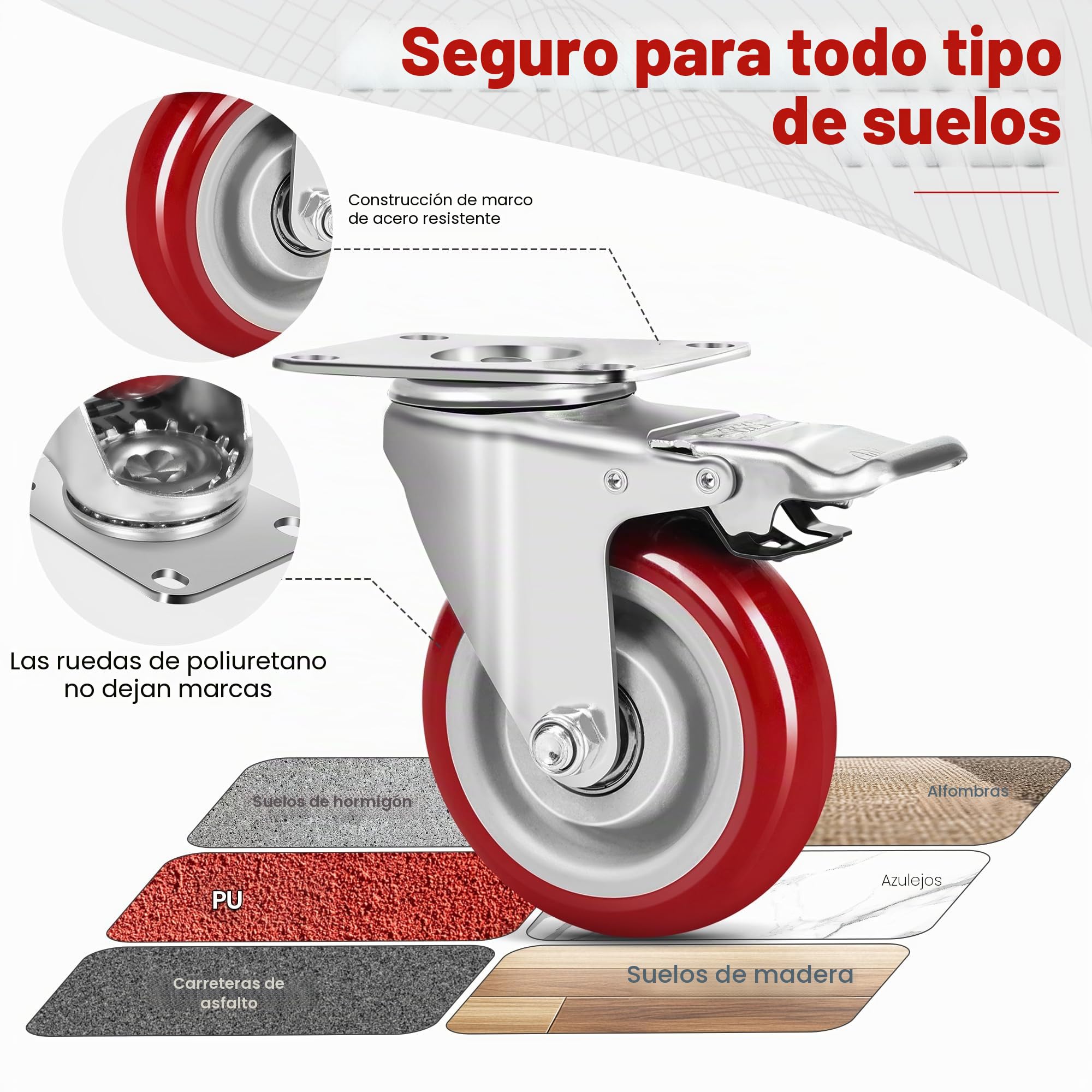 Juego 4 Ruedas Para Muebles Pesados, Ruedas Giratorias con Freno - 100 mm - 600 kg - Goma maciza silenciosa - Interior/exterior