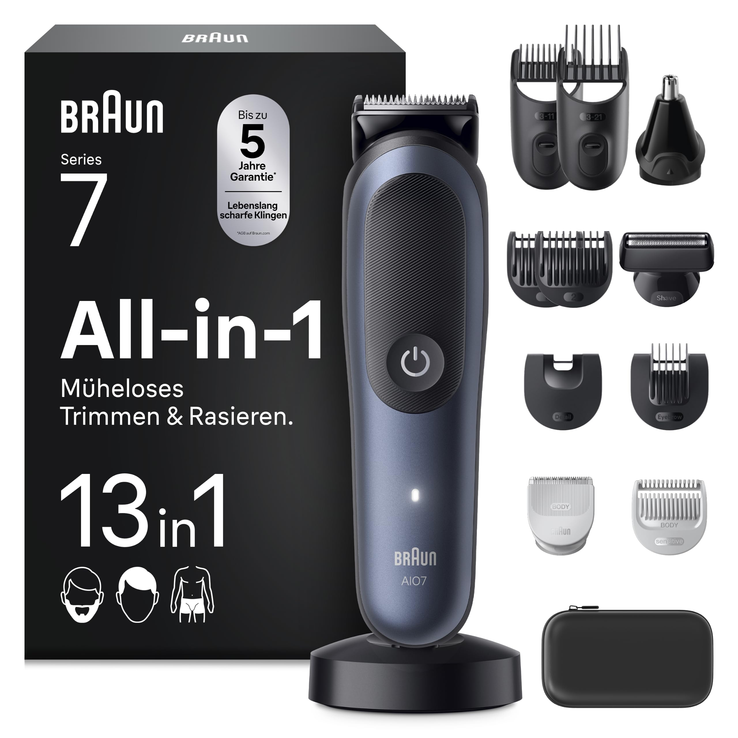 Braun Series 7 13-in-1 Multigroom Trimmer-Set, Barttrimmer, Haarschneidemaschine, 14 Längen, 120 Min. Akku, Wasserdicht